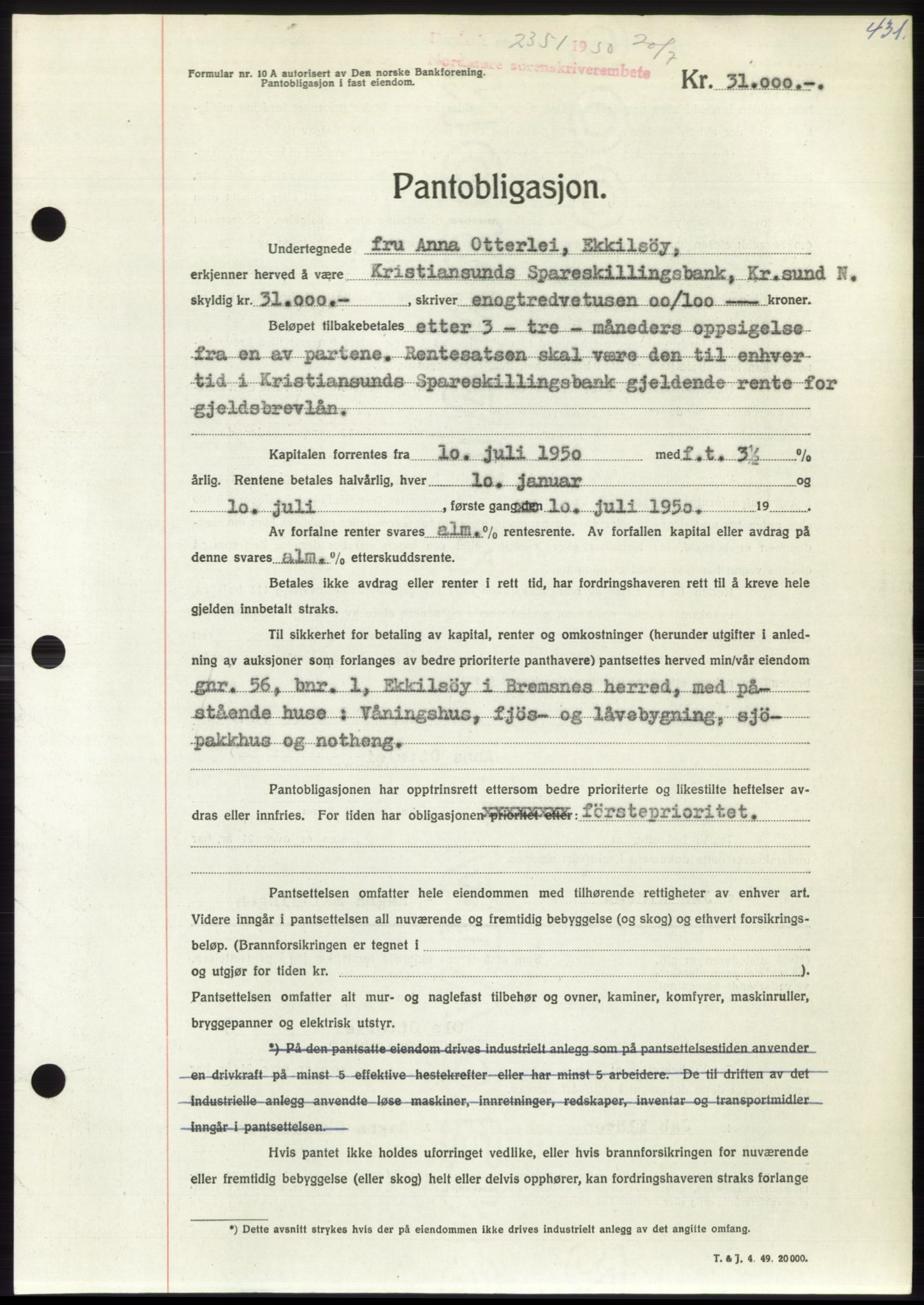 Nordmøre sorenskriveri, AV/SAT-A-4132/1/2/2Ca: Mortgage book no. B105, 1950-1950, Diary no: : 2351/1950