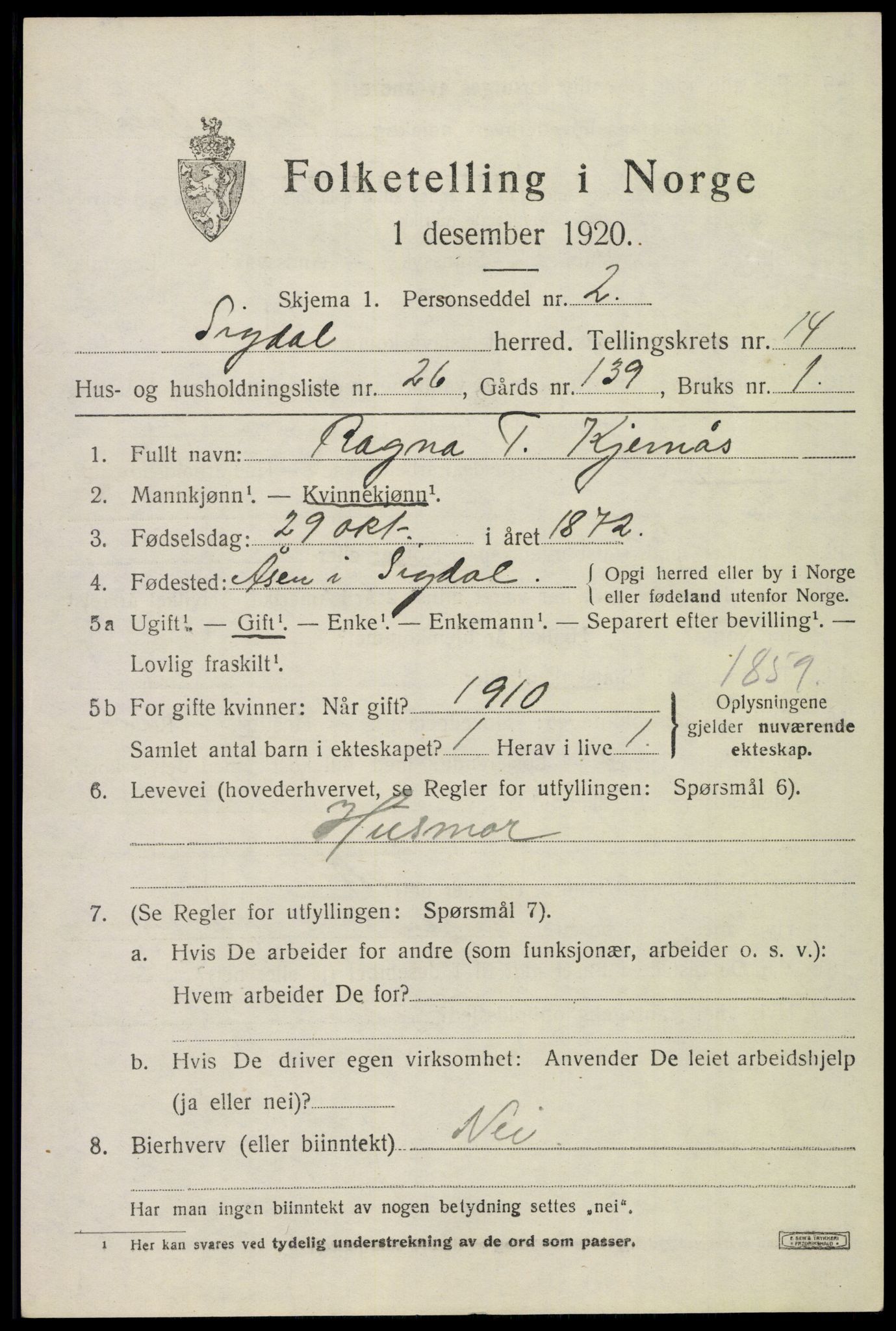 SAKO, 1920 census for Sigdal, 1920, p. 8888