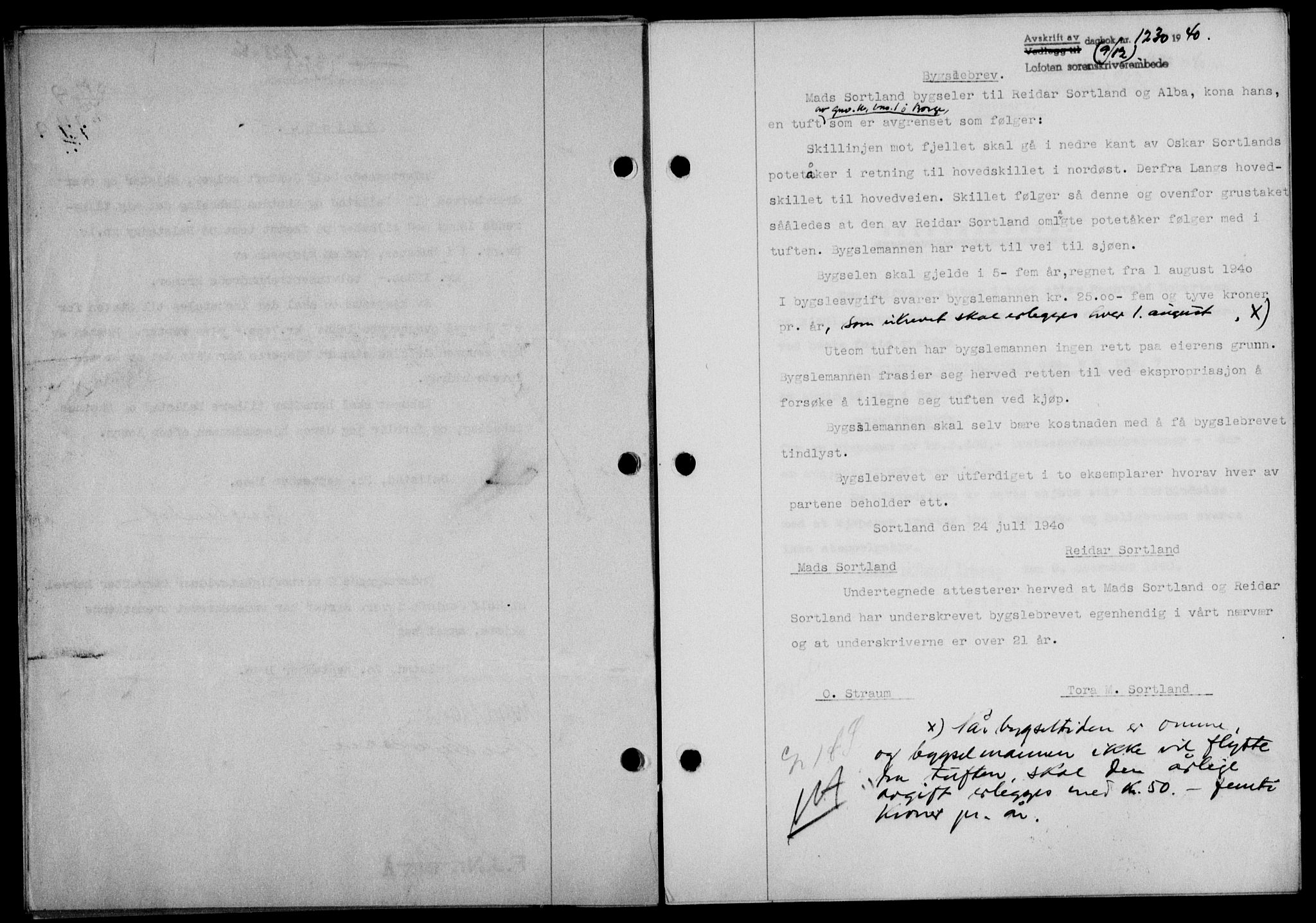 Lofoten sorenskriveri, SAT/A-0017/1/2/2C/L0008a: Mortgage book no. 8a, 1940-1941, Diary no: : 1230/1940