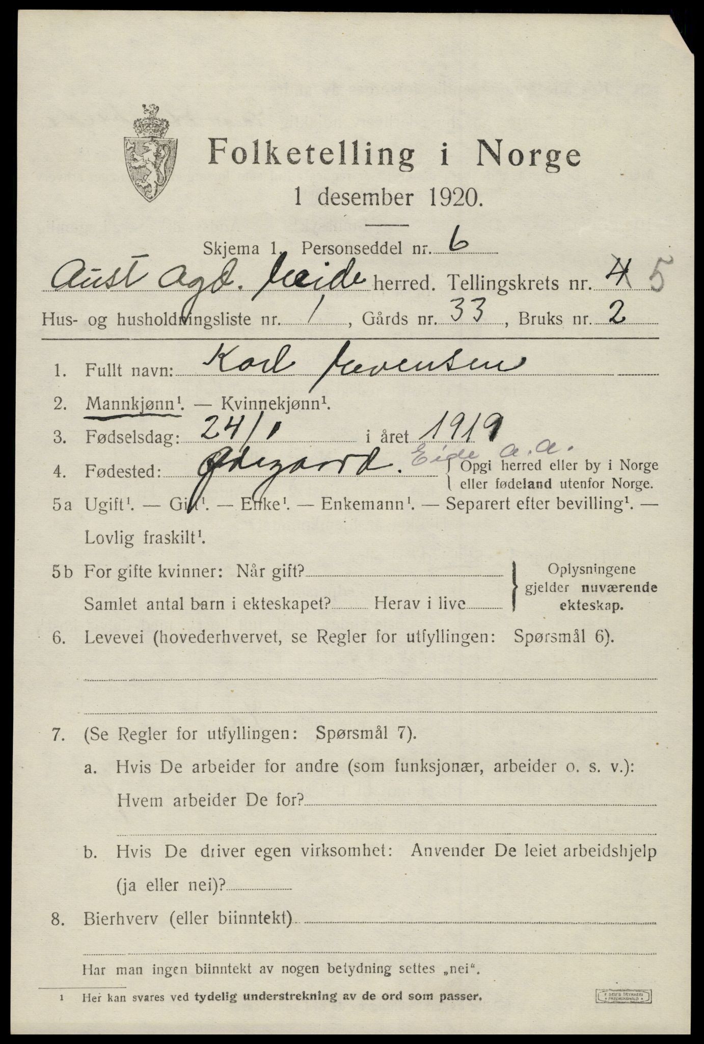 SAK, 1920 census for Eide, 1920, p. 1392