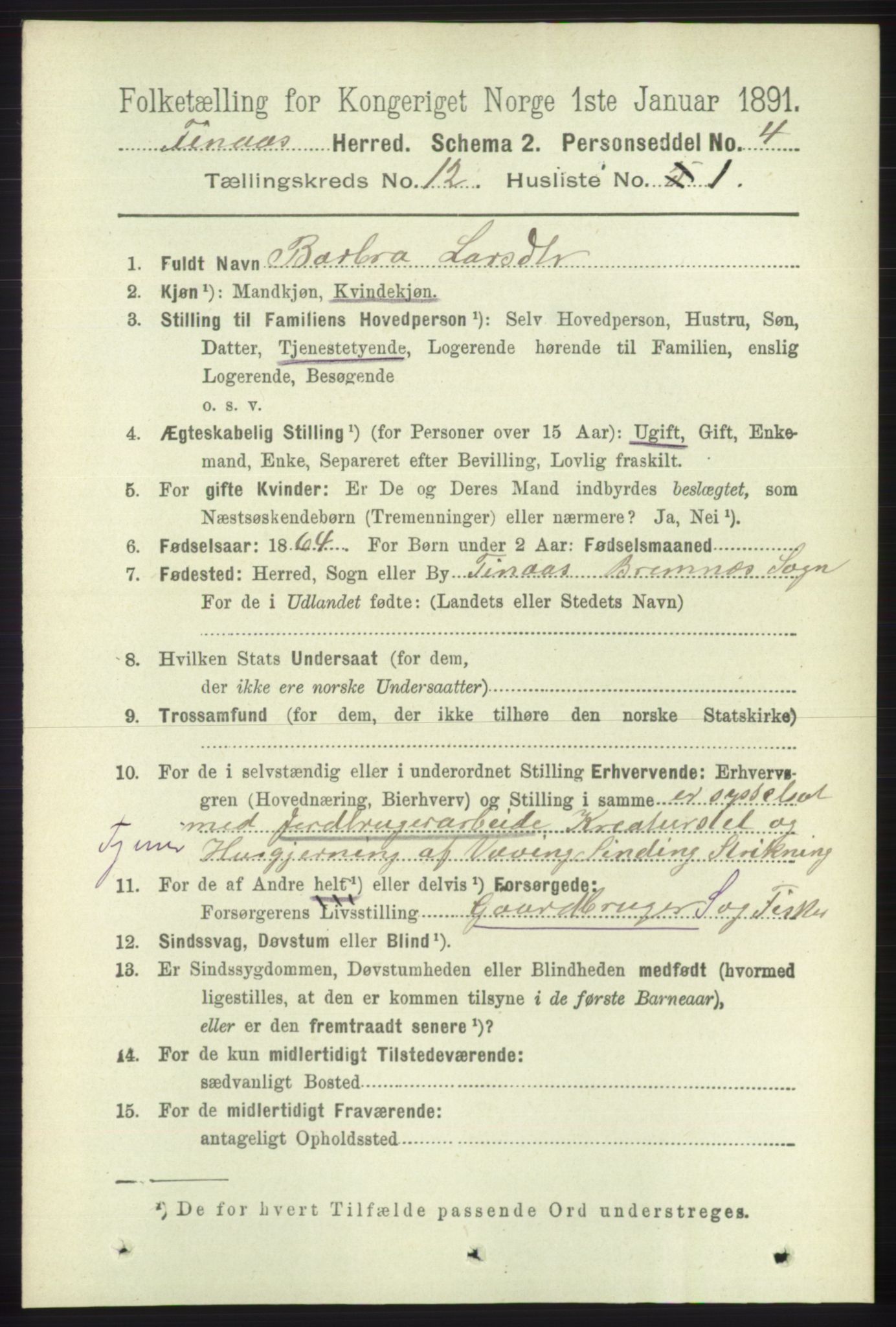 RA, 1891 census for 1218 Finnås, 1891, p. 5295