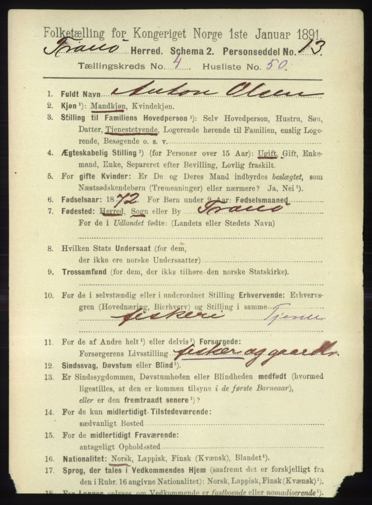 RA, 1891 census for 1927 Tranøy, 1891, p. 1767