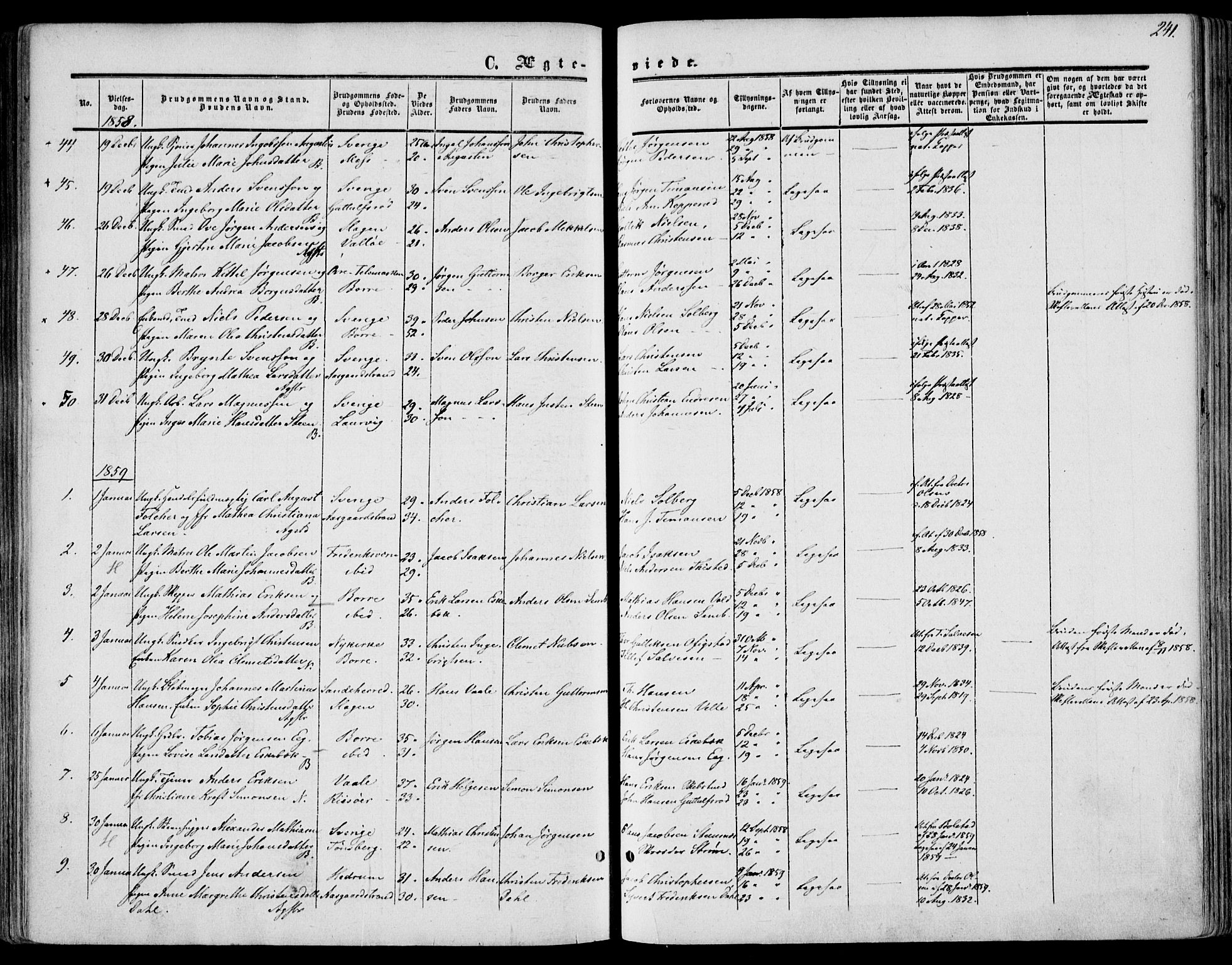 Borre kirkebøker, AV/SAKO-A-338/F/Fa/L0006: Parish register (official) no. I 6, 1852-1862, p. 241