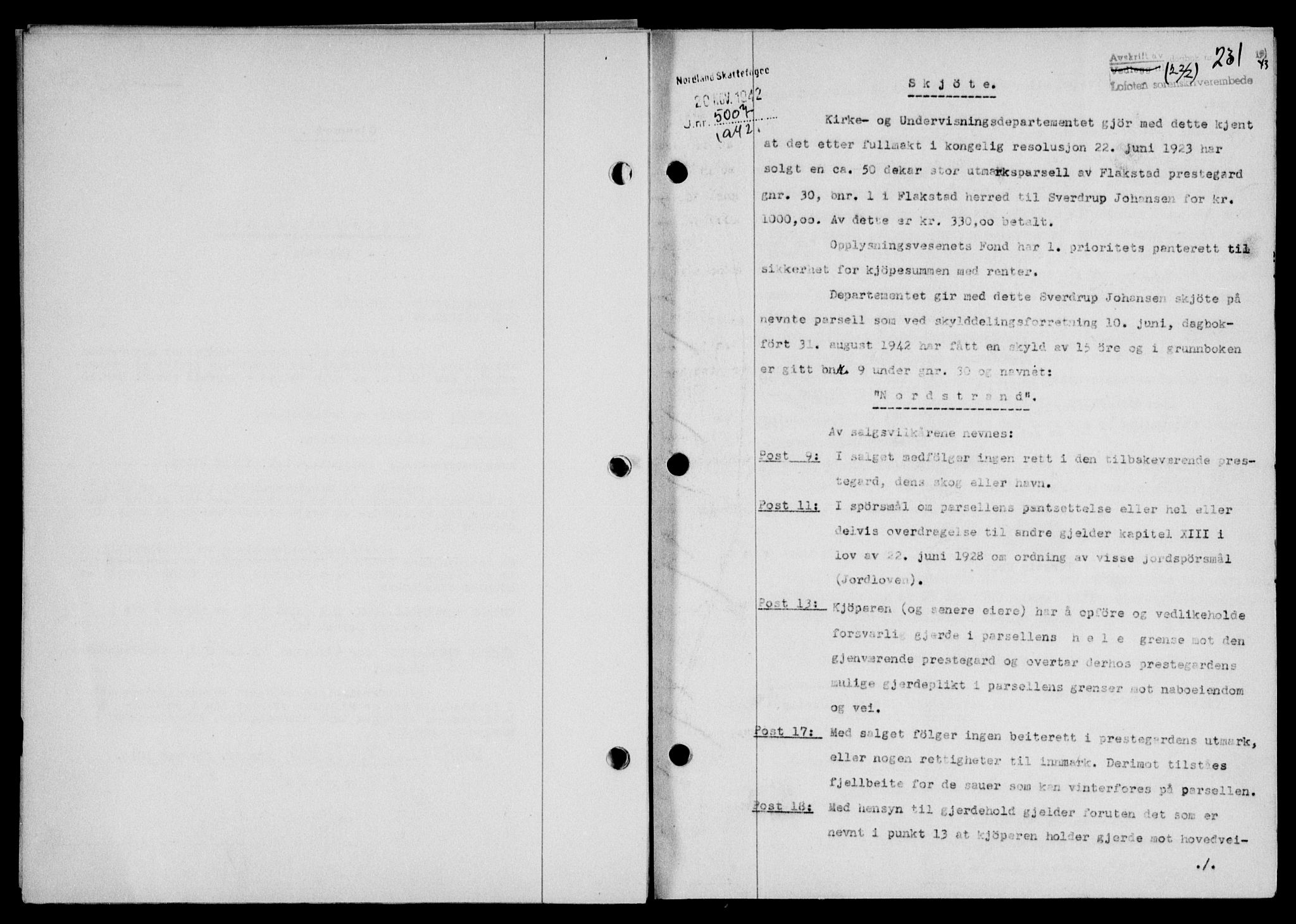 Lofoten sorenskriveri, SAT/A-0017/1/2/2C/L0011a: Mortgage book no. 11a, 1943-1943, Diary no: : 231/1943