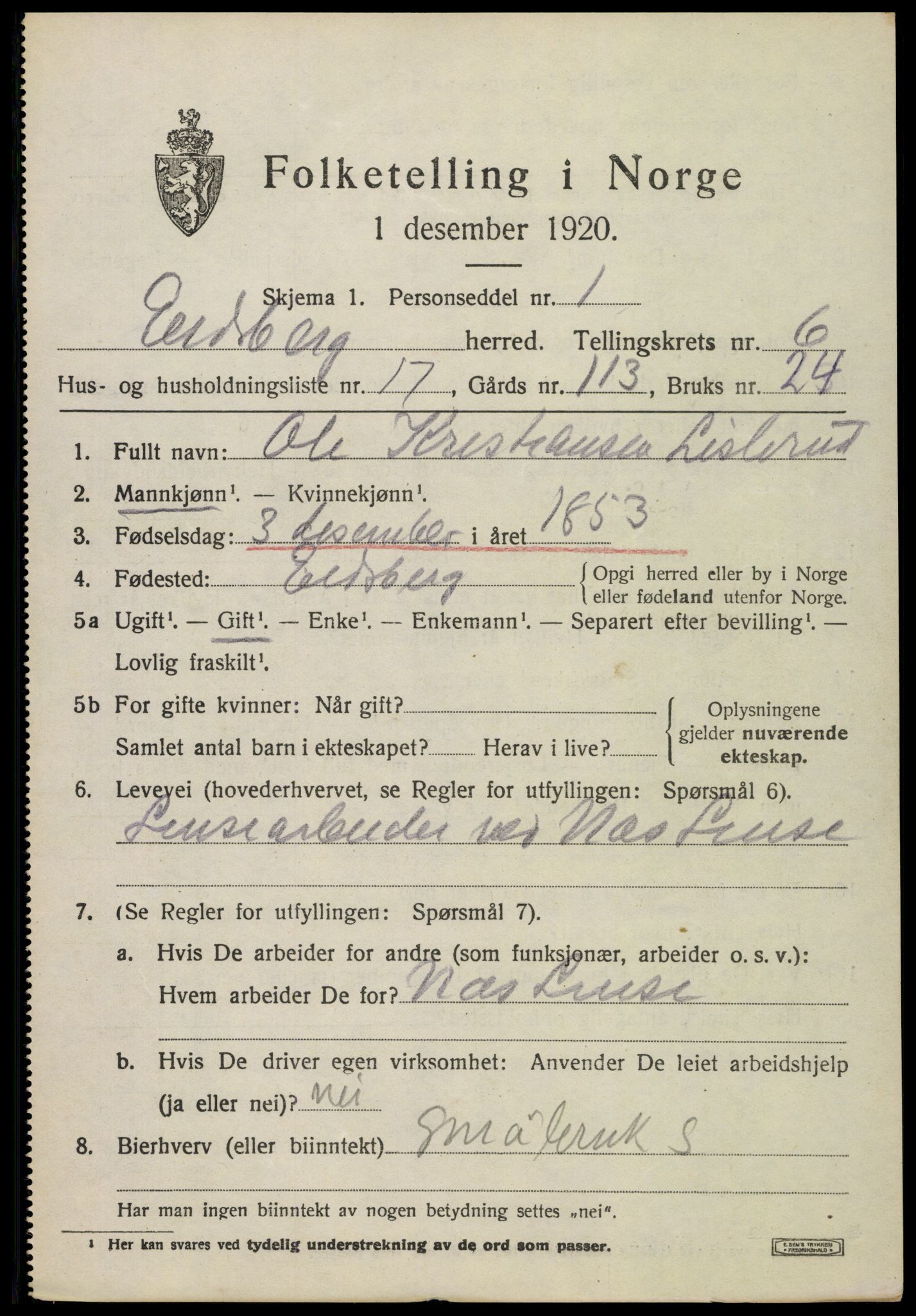 SAO, 1920 census for Eidsberg, 1920, p. 7639