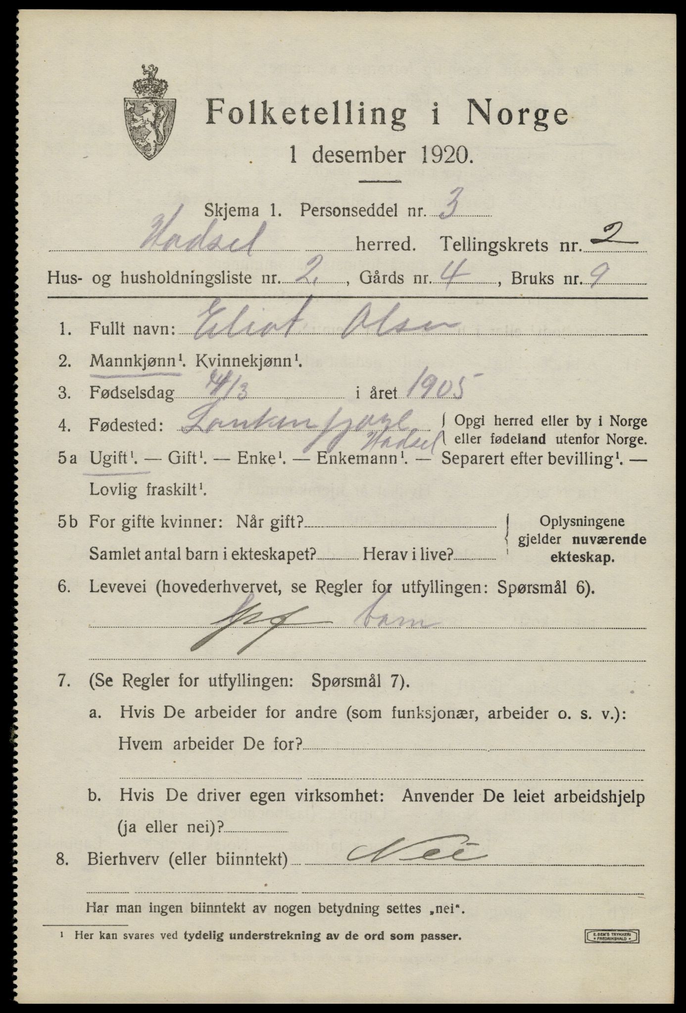 SAT, 1920 census for Hadsel, 1920, p. 3984