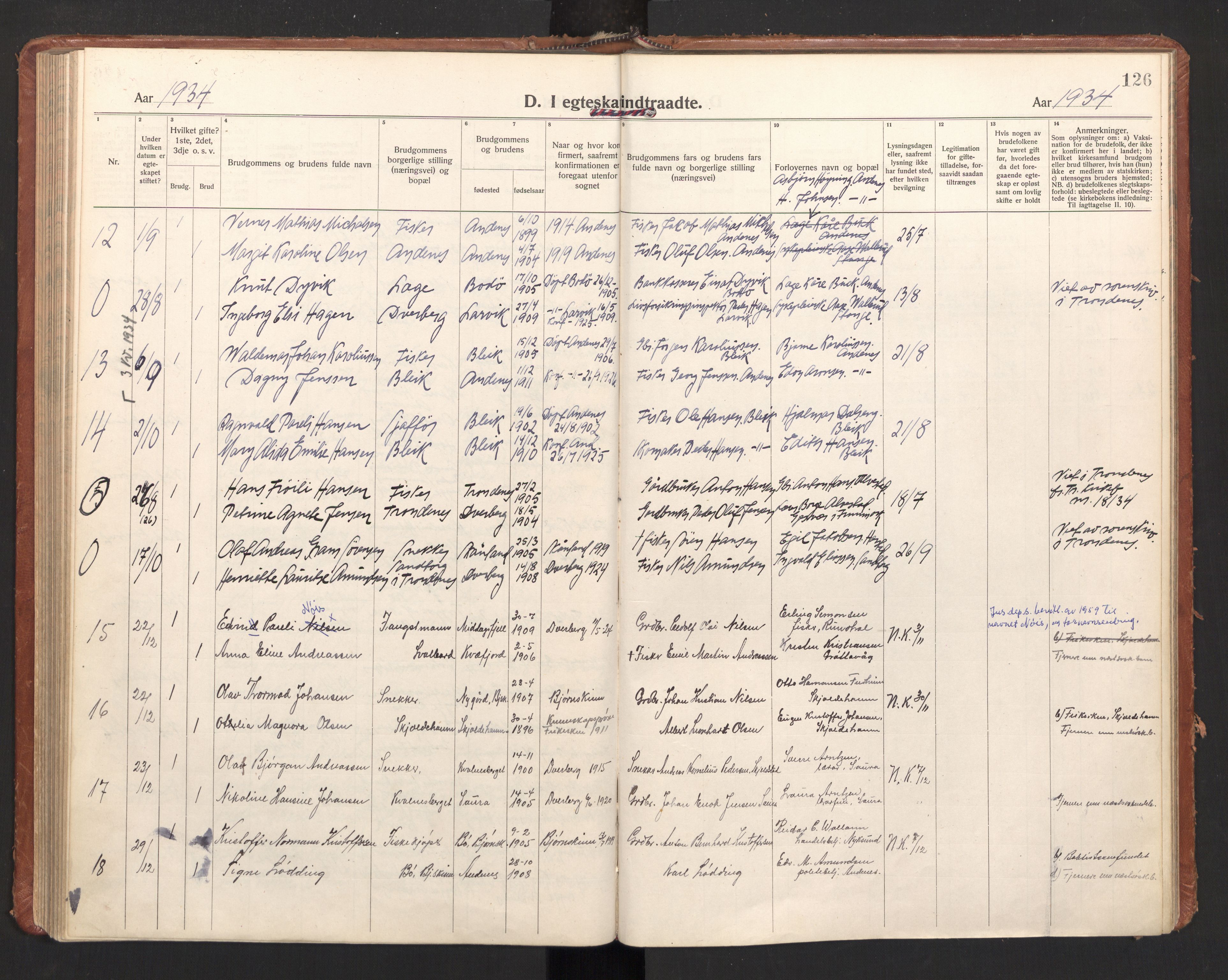 Ministerialprotokoller, klokkerbøker og fødselsregistre - Nordland, AV/SAT-A-1459/897/L1408: Parish register (official) no. 897A15, 1922-1938, p. 126