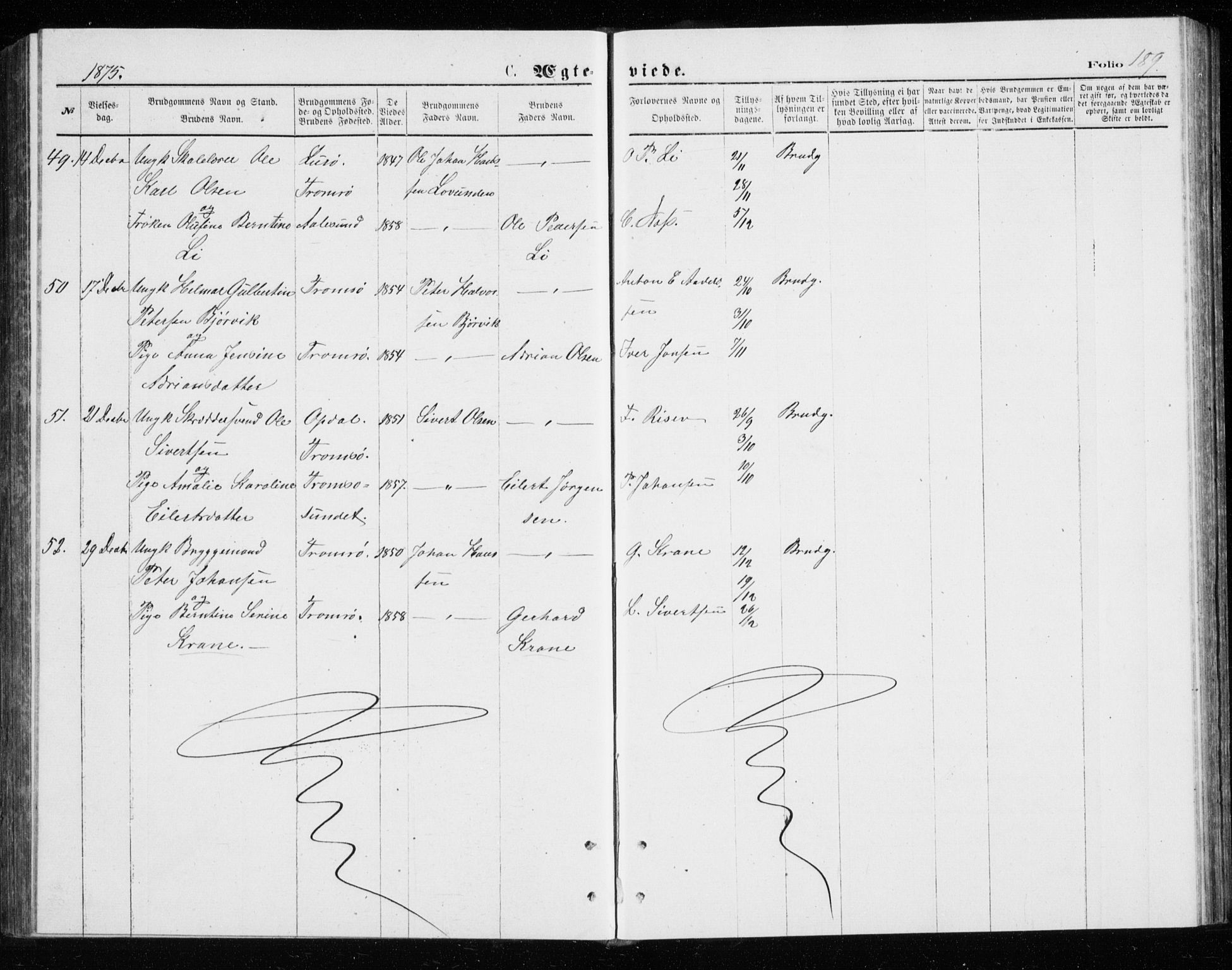 Tromsø sokneprestkontor/stiftsprosti/domprosti, SATØ/S-1343/G/Gb/L0008klokker: Parish register (copy) no. 8, 1875-1879, p. 189
