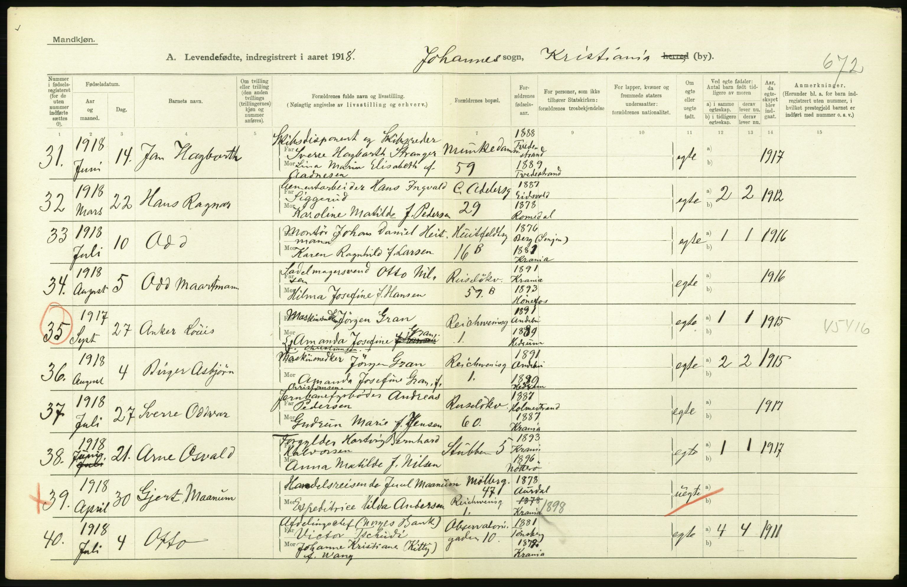 Statistisk sentralbyrå, Sosiodemografiske emner, Befolkning, AV/RA-S-2228/D/Df/Dfb/Dfbh/L0008: Kristiania: Levendefødte menn og kvinner., 1918, p. 576