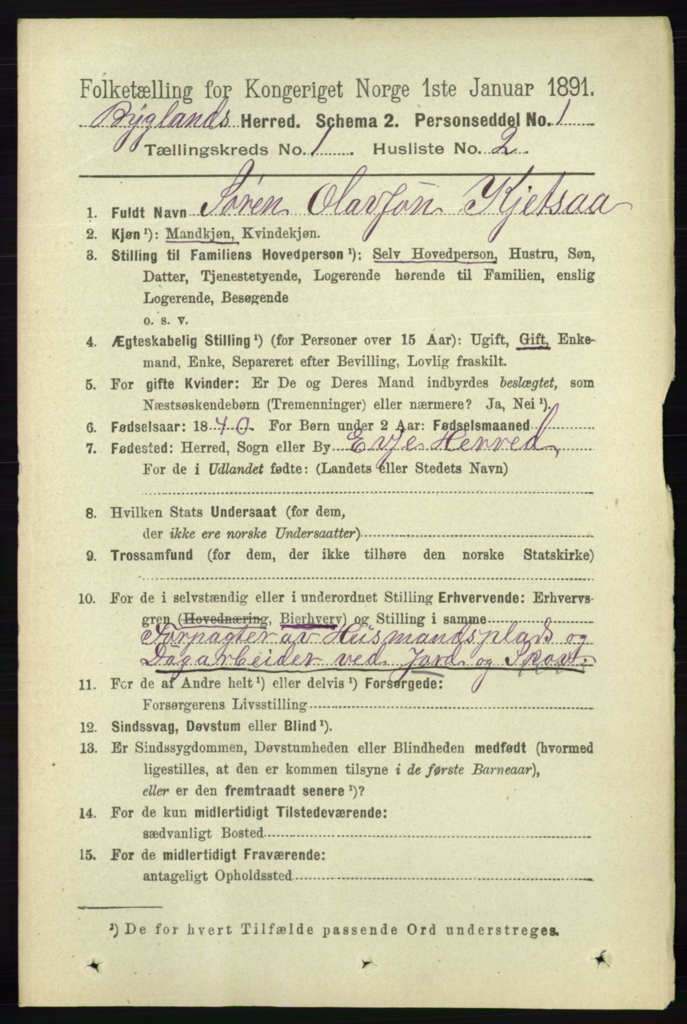 RA, 1891 census for 0938 Bygland, 1891, p. 61