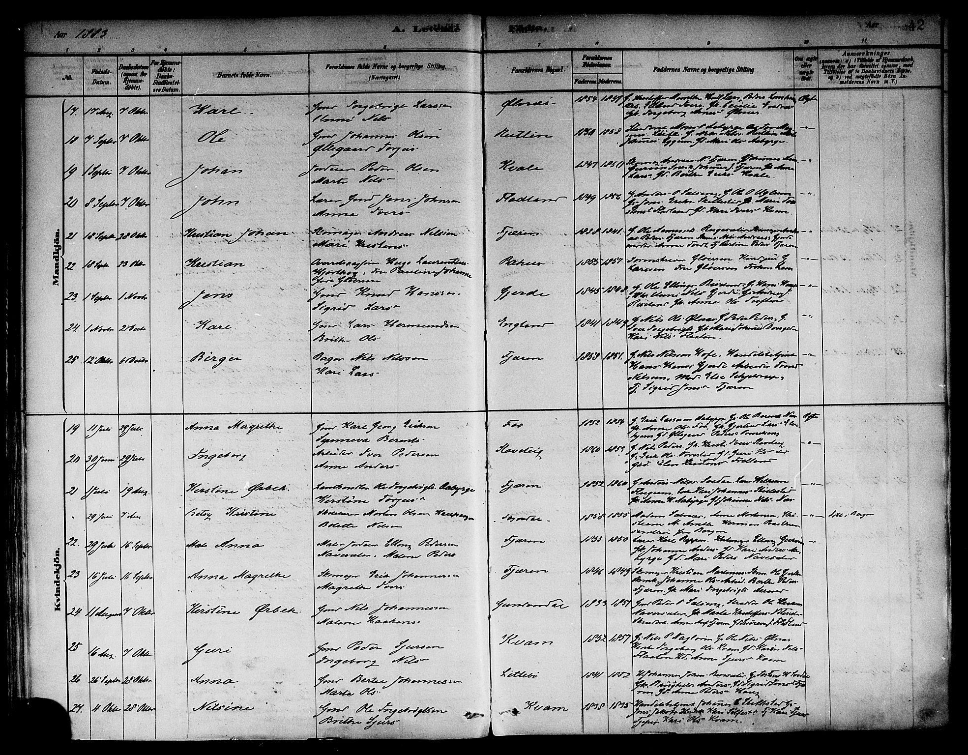 Sogndal sokneprestembete, AV/SAB-A-81301/H/Haa/Haab/L0001: Parish register (official) no. B 1, 1878-1899, p. 42