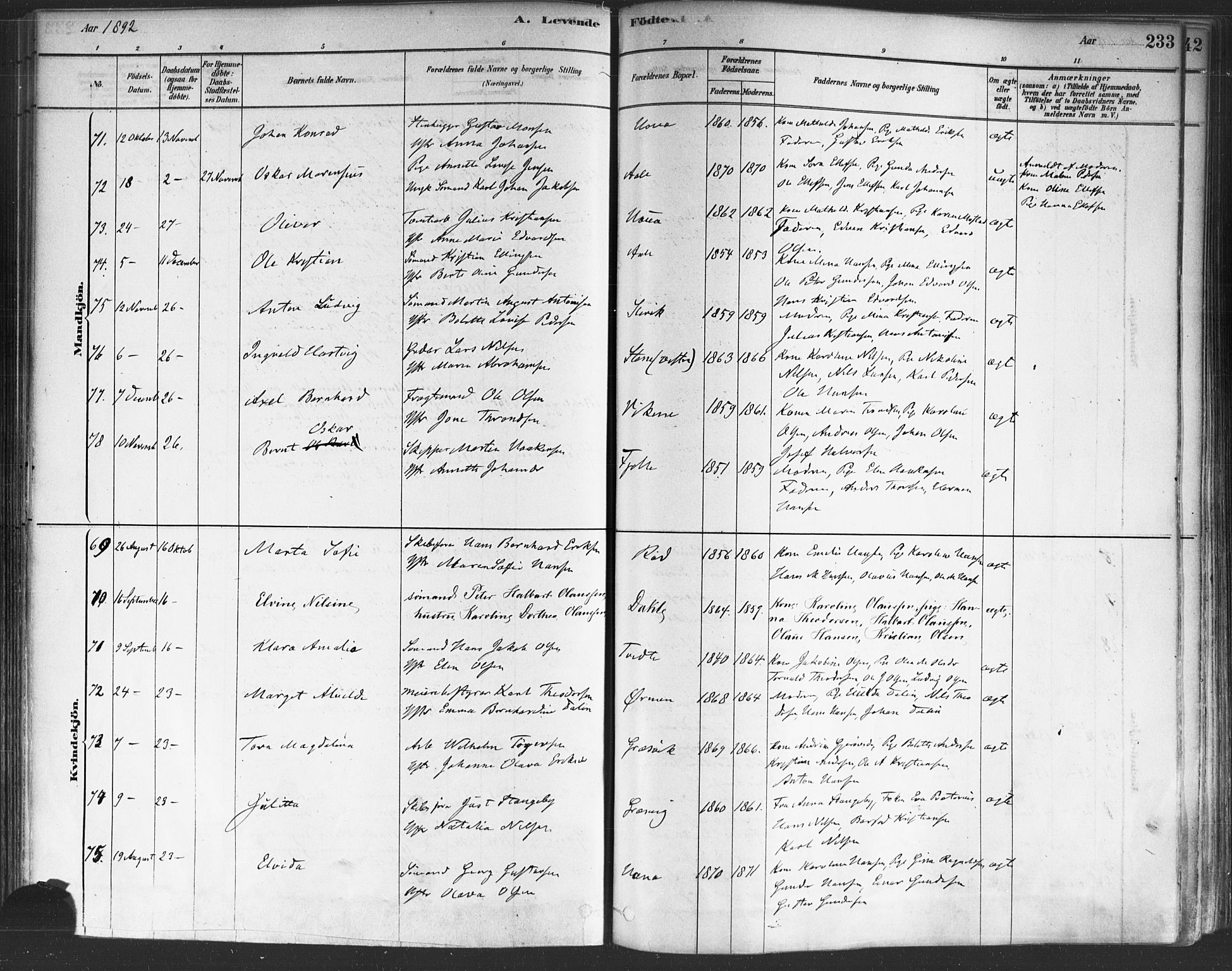 Onsøy prestekontor Kirkebøker, AV/SAO-A-10914/F/Fa/L0005: Parish register (official) no. I 5, 1878-1898, p. 233