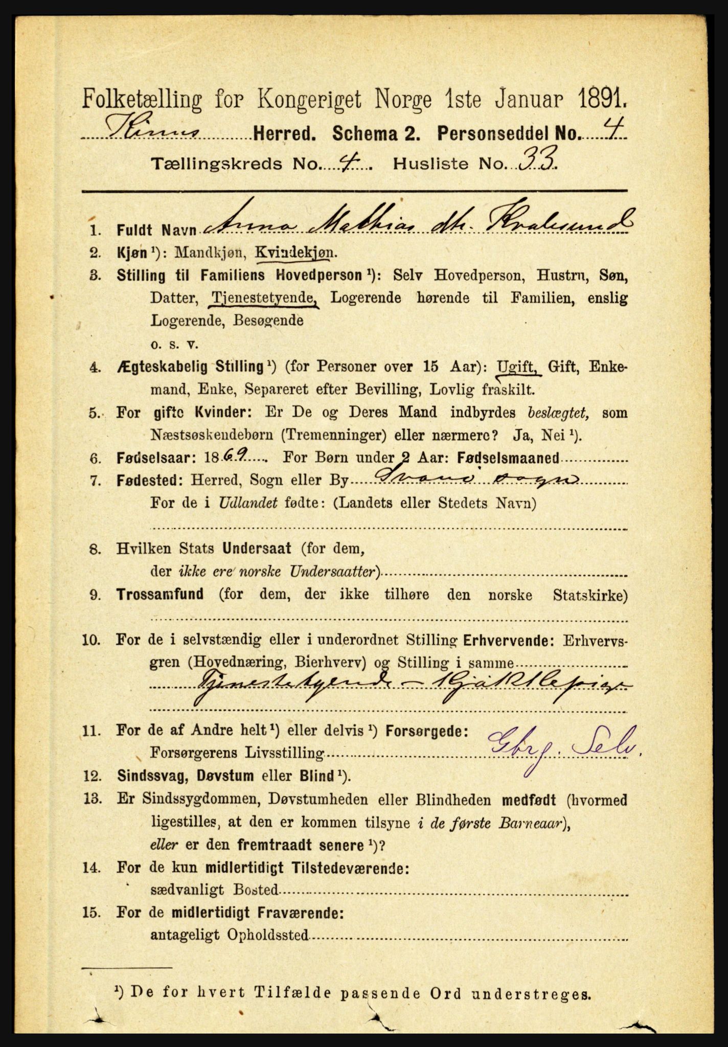 RA, 1891 census for 1437 Kinn, 1891, p. 1511