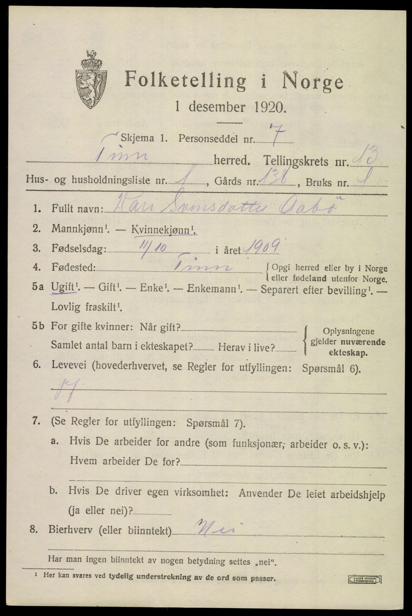 SAKO, 1920 census for Tinn, 1920, p. 8158