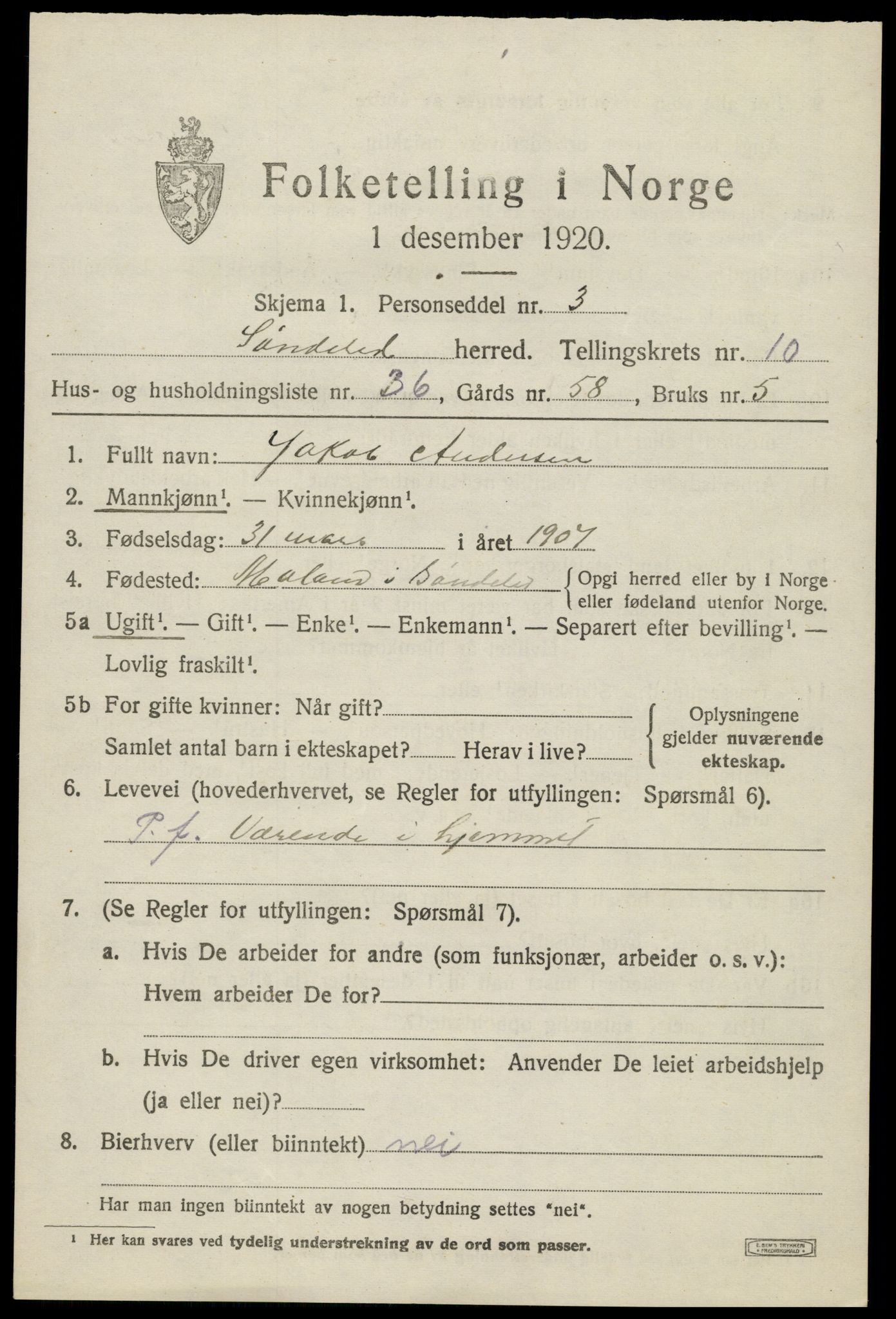 SAK, 1920 census for Søndeled, 1920, p. 5389