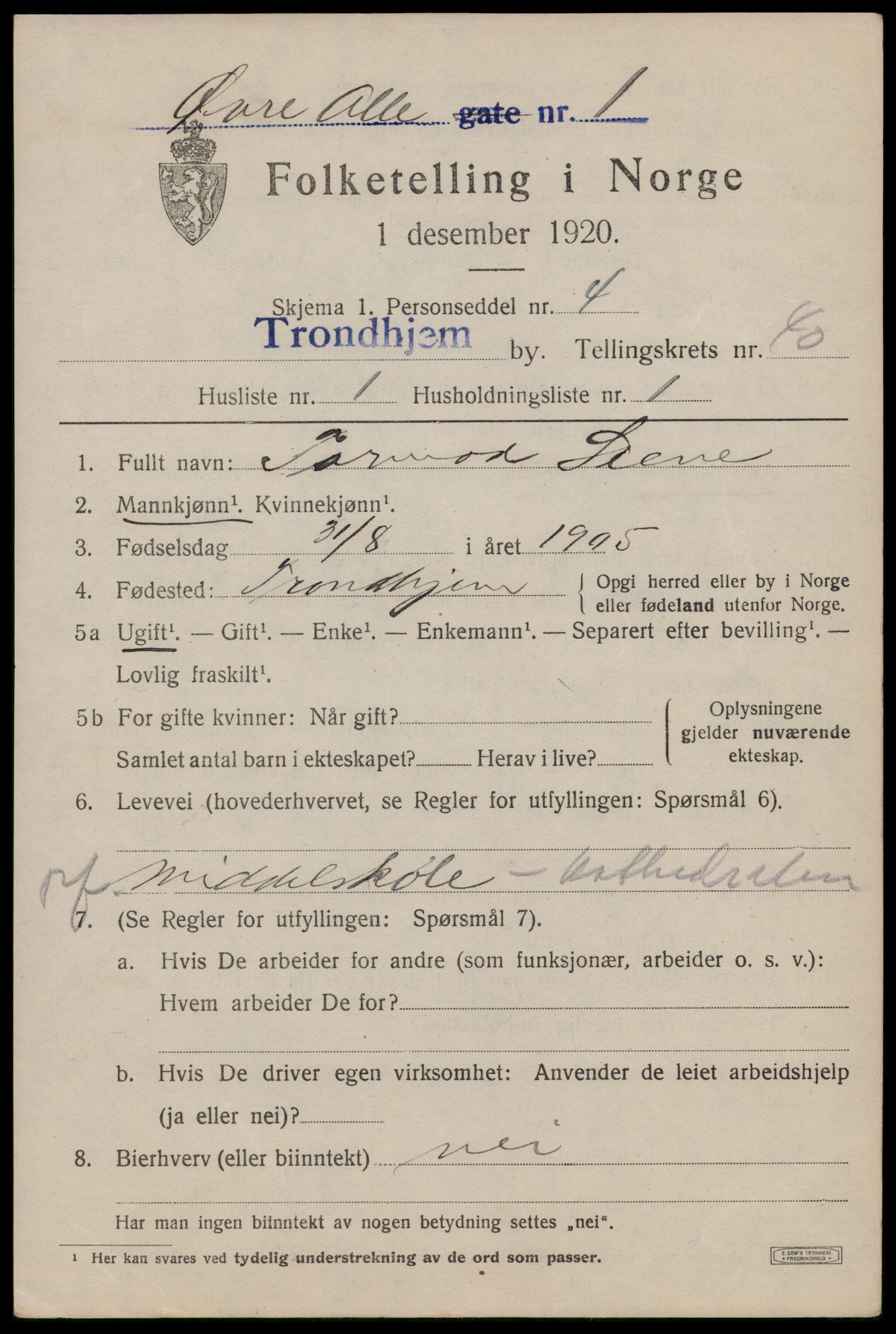 SAT, 1920 census for Trondheim, 1920, p. 89420