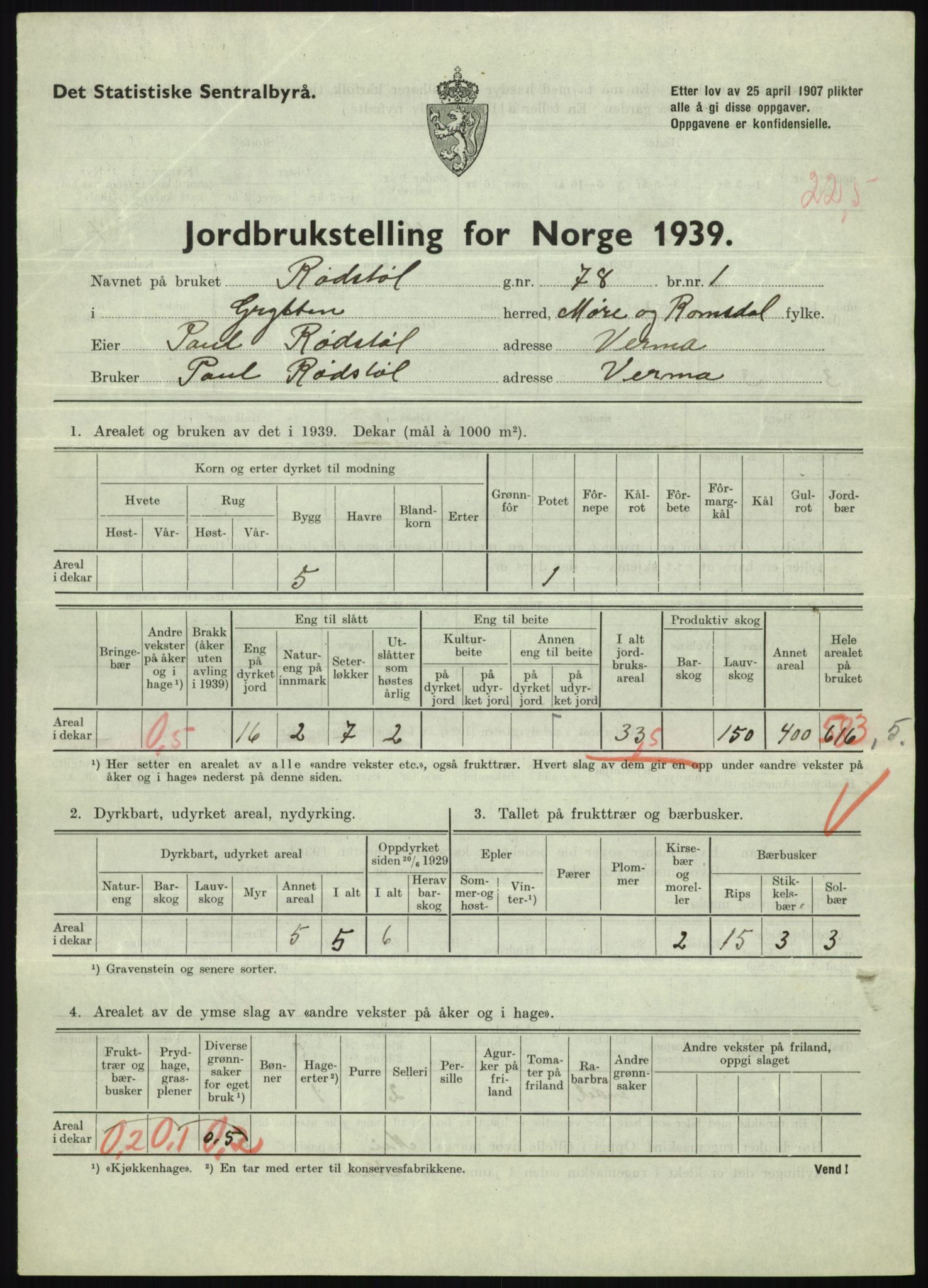 Statistisk sentralbyrå, Næringsøkonomiske emner, Jordbruk, skogbruk, jakt, fiske og fangst, AV/RA-S-2234/G/Gb/L0251: Møre og Romsdal: Voll, Eid, Grytten og Hen, 1939, p. 627