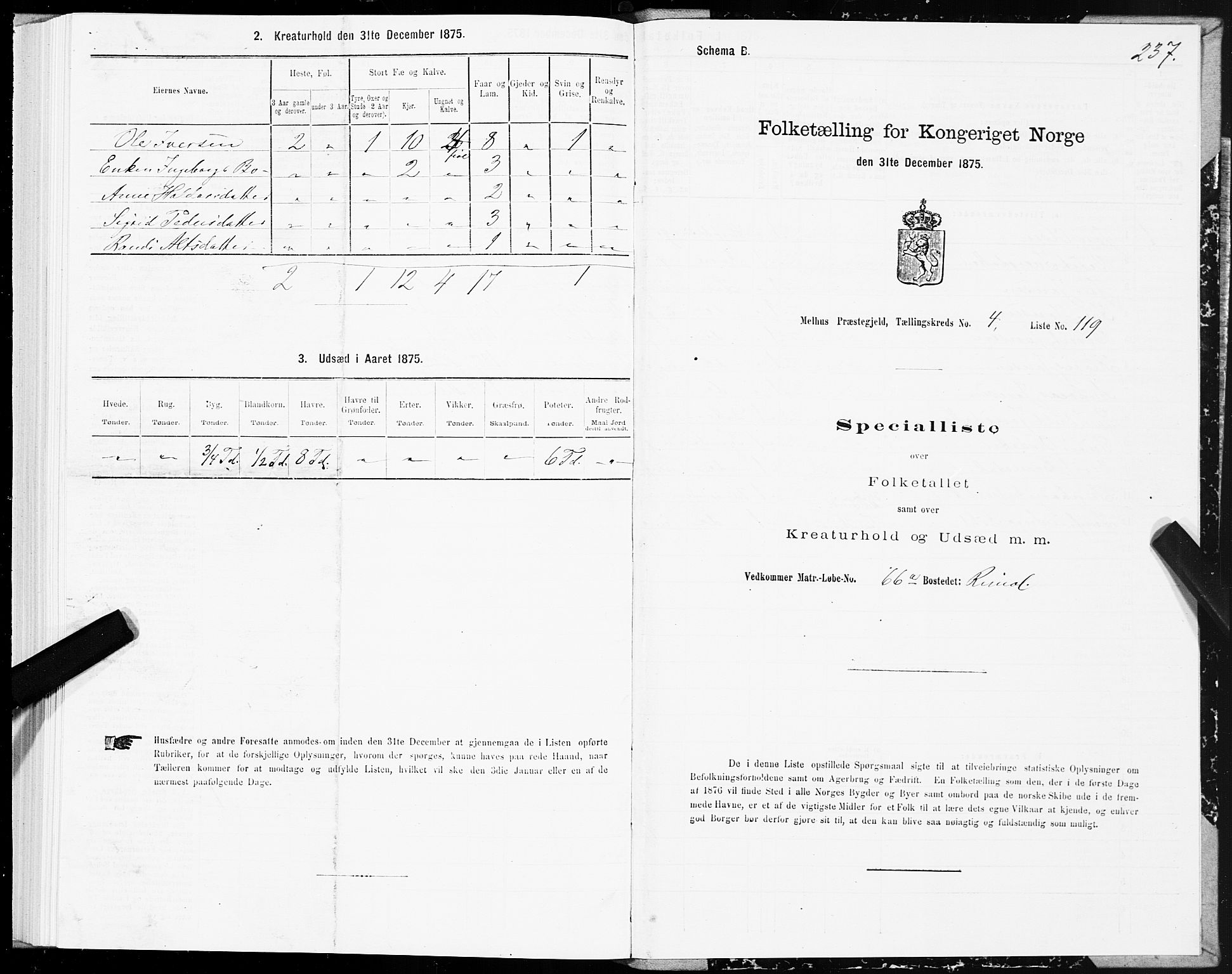 SAT, 1875 census for 1653P Melhus, 1875, p. 3237