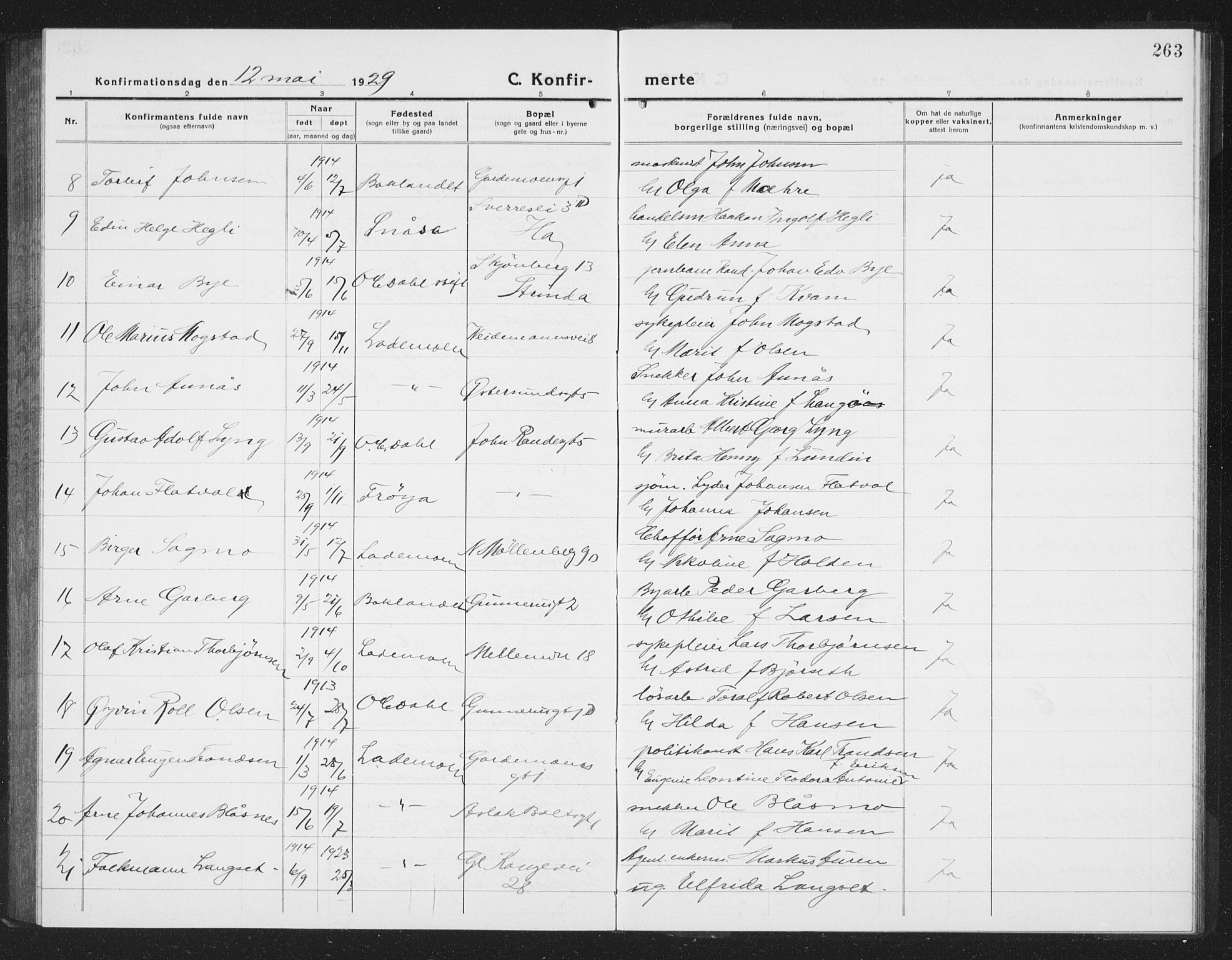 Ministerialprotokoller, klokkerbøker og fødselsregistre - Sør-Trøndelag, SAT/A-1456/605/L0258: Parish register (copy) no. 605C05, 1918-1930, p. 263