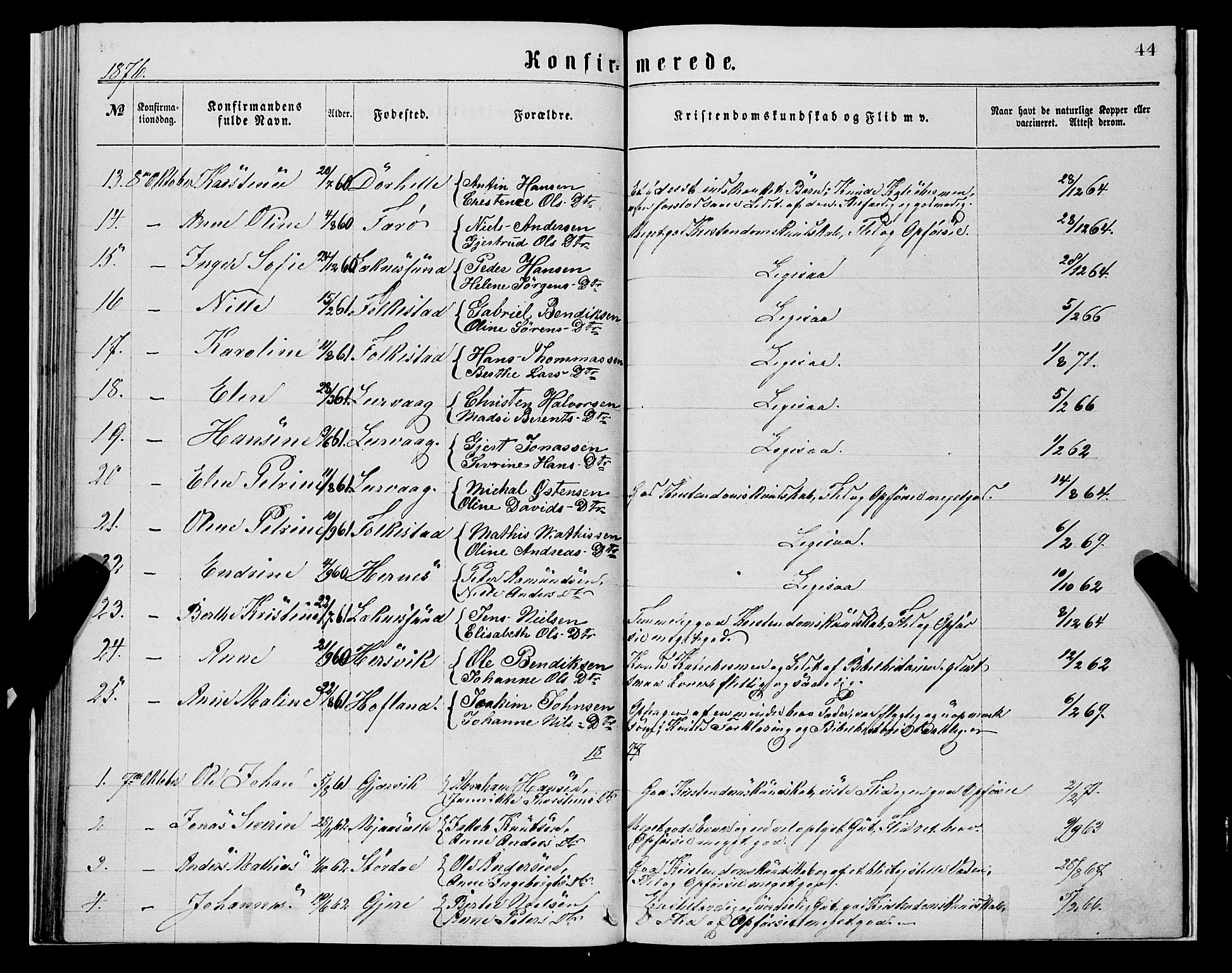 Askvoll sokneprestembete, SAB/A-79501/H/Haa/Haaa/L0013: Parish register (official) no. A 13, 1865-1878, p. 44
