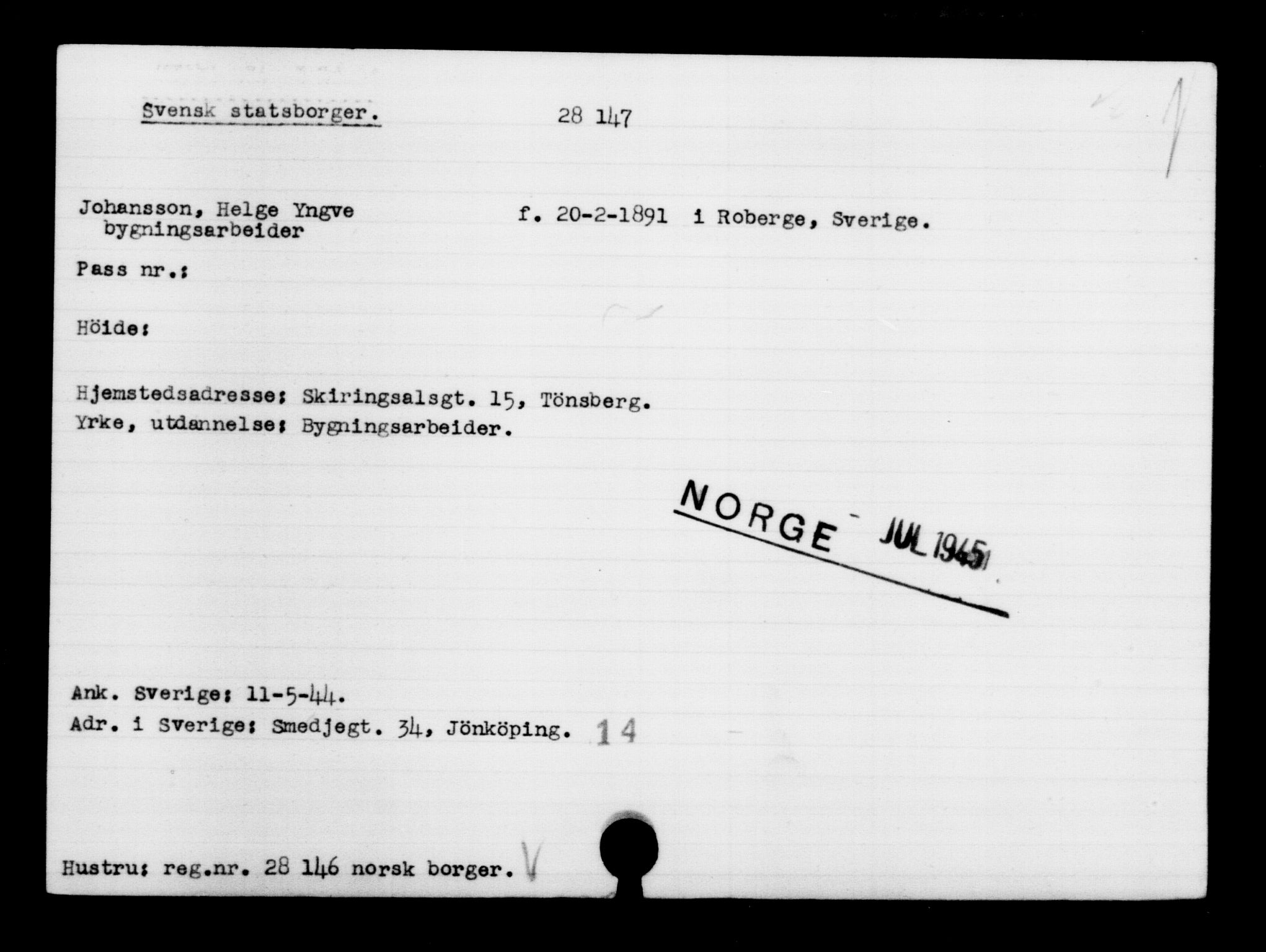 Den Kgl. Norske Legasjons Flyktningskontor, AV/RA-S-6753/V/Va/L0011: Kjesäterkartoteket.  Flyktningenr. 25300-28349, 1940-1945, p. 3030