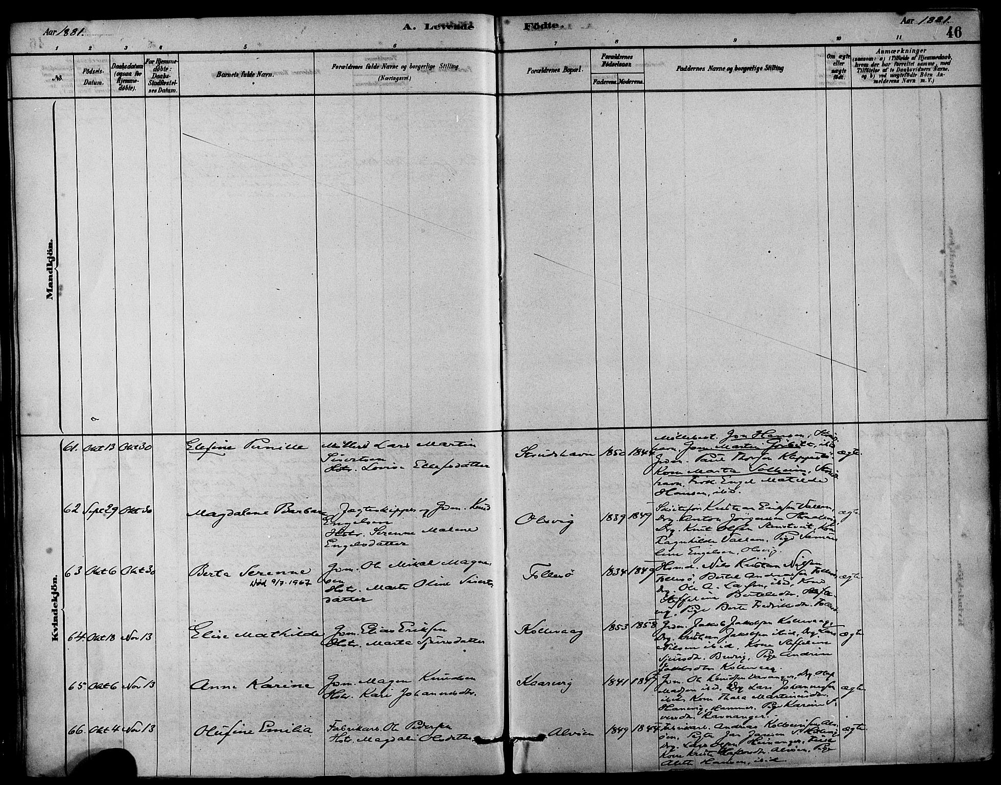 Askøy Sokneprestembete, AV/SAB-A-74101/H/Ha/Haa/Haab/L0001: Parish register (official) no. B 1, 1878-1889, p. 46