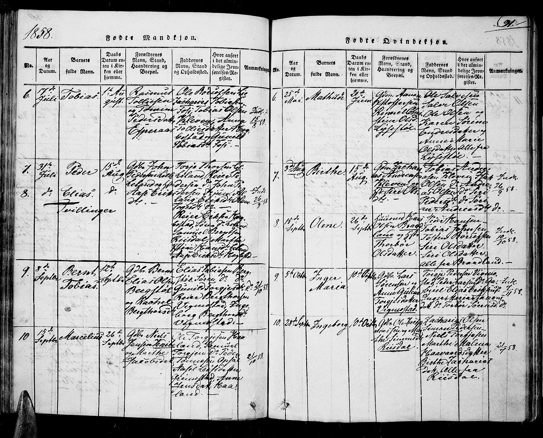 Nord-Audnedal sokneprestkontor, SAK/1111-0032/F/Fa/Fab/L0001: Parish register (official) no. A 1, 1816-1858, p. 91