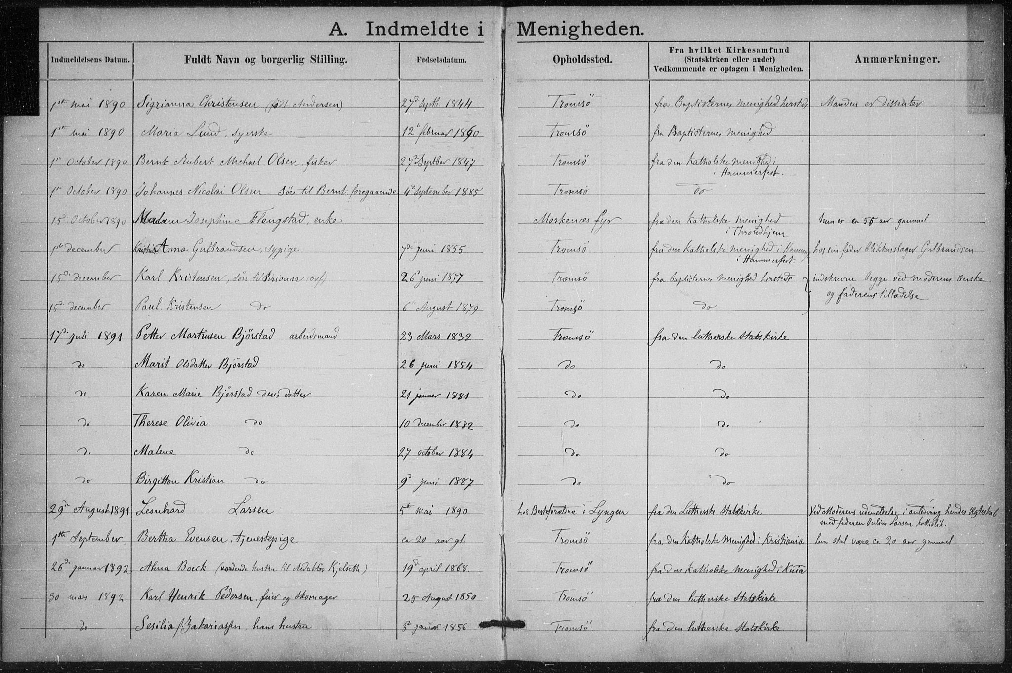 Uten arkivreferanse, SATØ/-: Dissenter register no. DP 2, 1890-1902