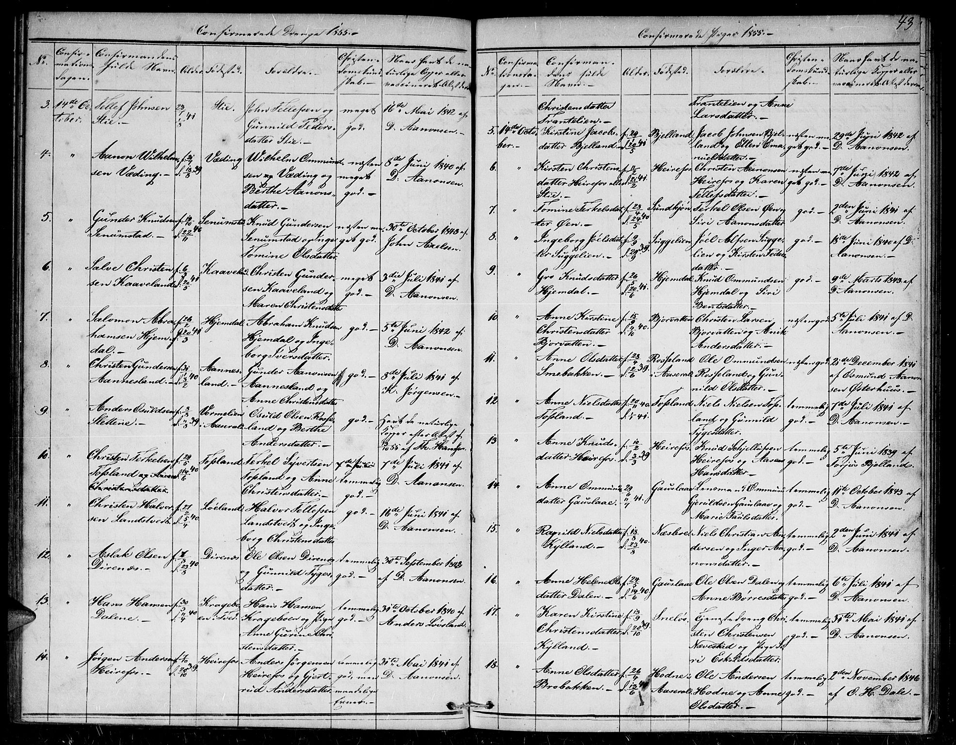Herefoss sokneprestkontor, AV/SAK-1111-0019/F/Fb/Fba/L0001: Parish register (copy) no. B 1, 1851-1868, p. 43