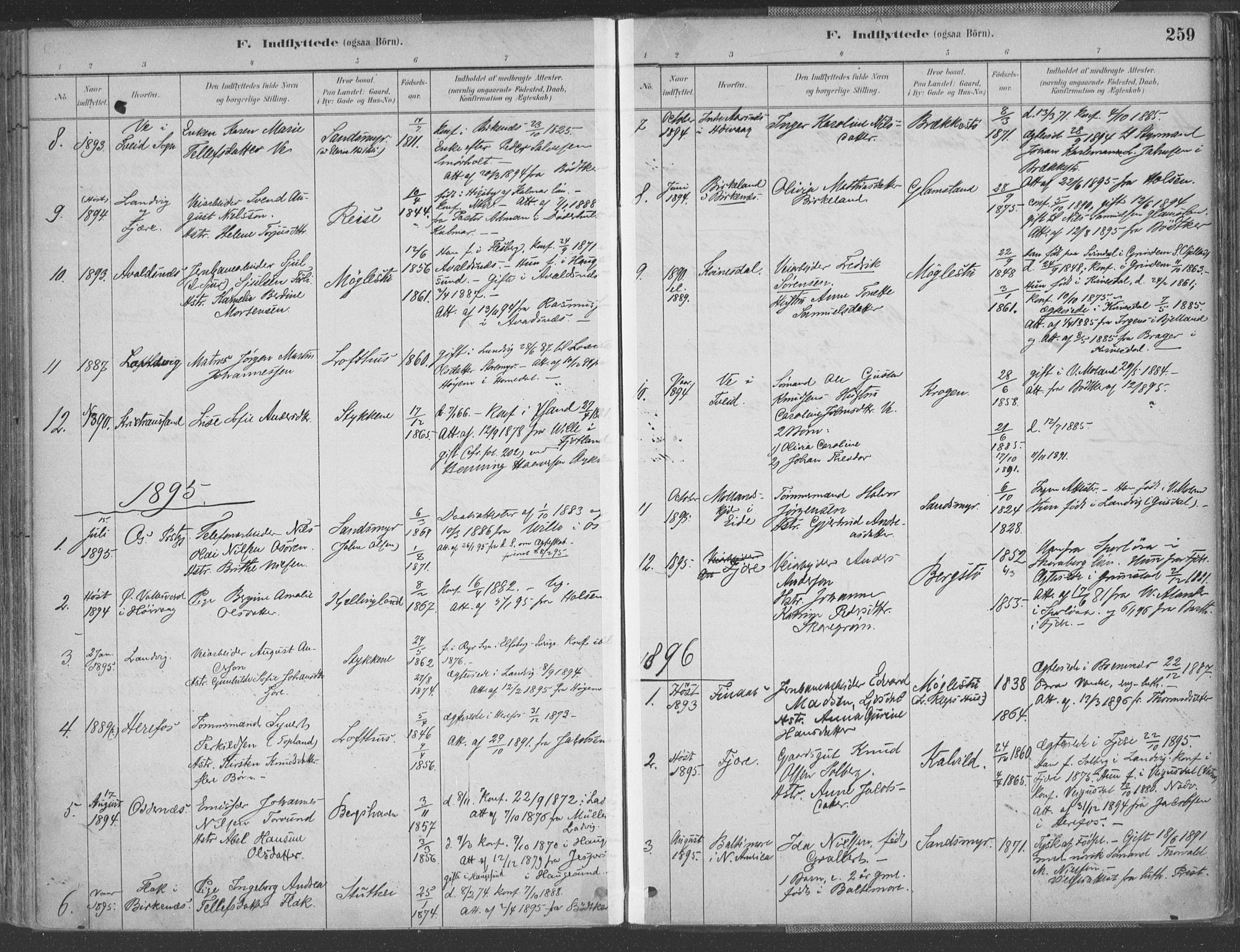 Vestre Moland sokneprestkontor, SAK/1111-0046/F/Fa/Fab/L0009: Parish register (official) no. A 9, 1884-1899, p. 259