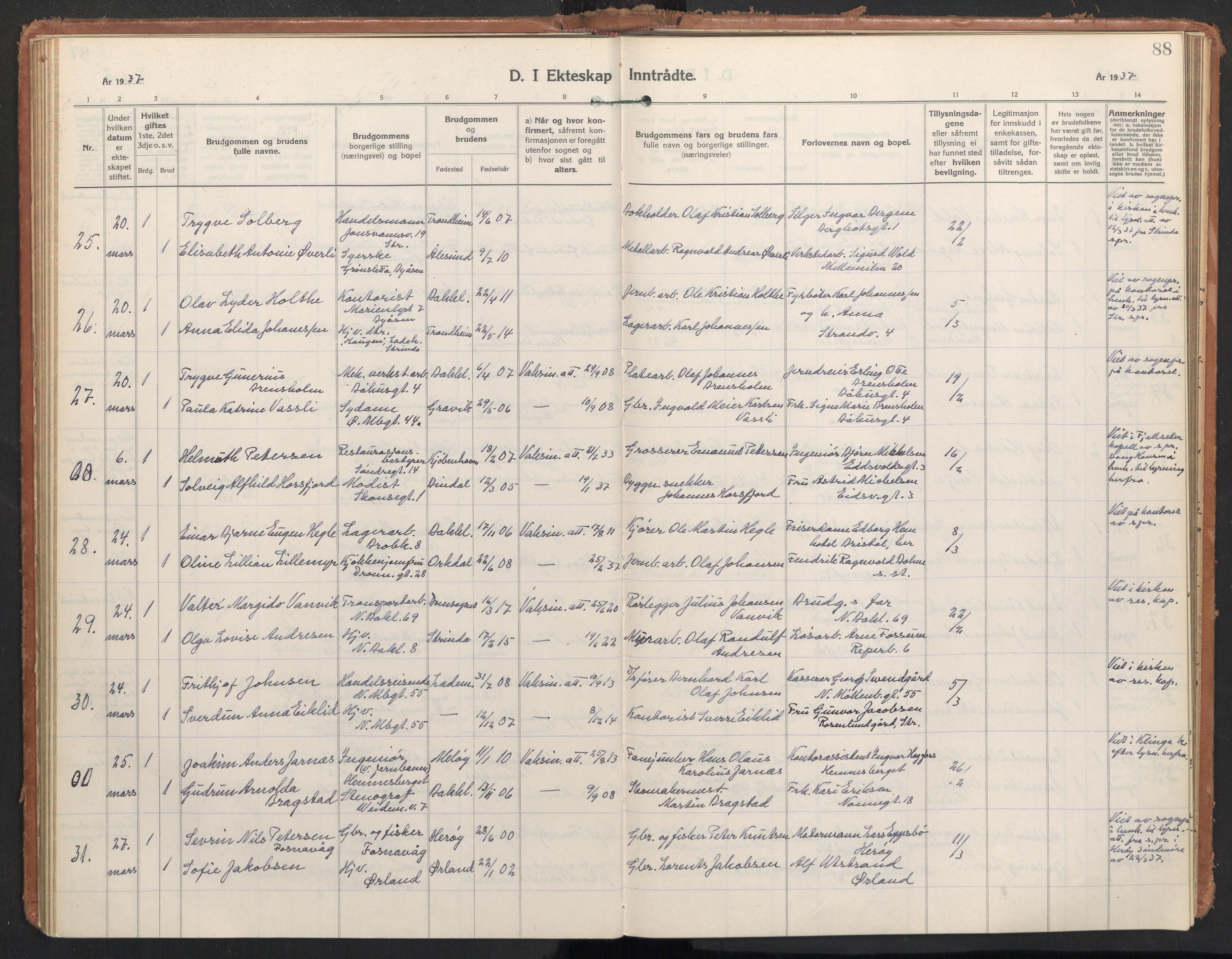 Ministerialprotokoller, klokkerbøker og fødselsregistre - Sør-Trøndelag, SAT/A-1456/604/L0209: Parish register (official) no. 604A29, 1931-1945, p. 88