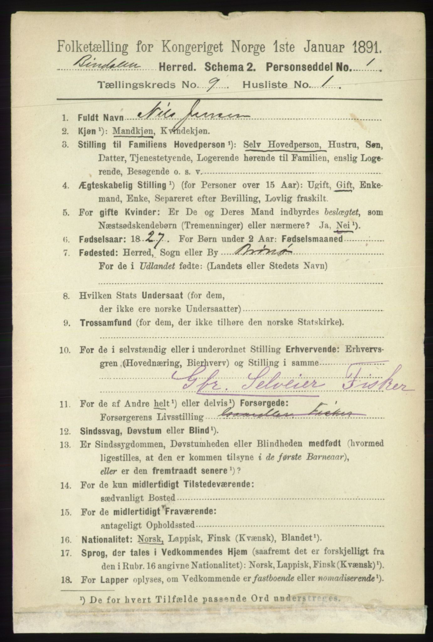 RA, 1891 census for 1811 Bindal, 1891, p. 2924