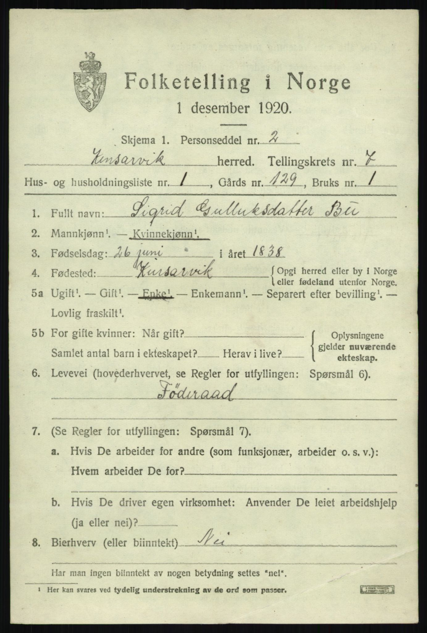 SAB, 1920 census for Kinsarvik, 1920, p. 3156