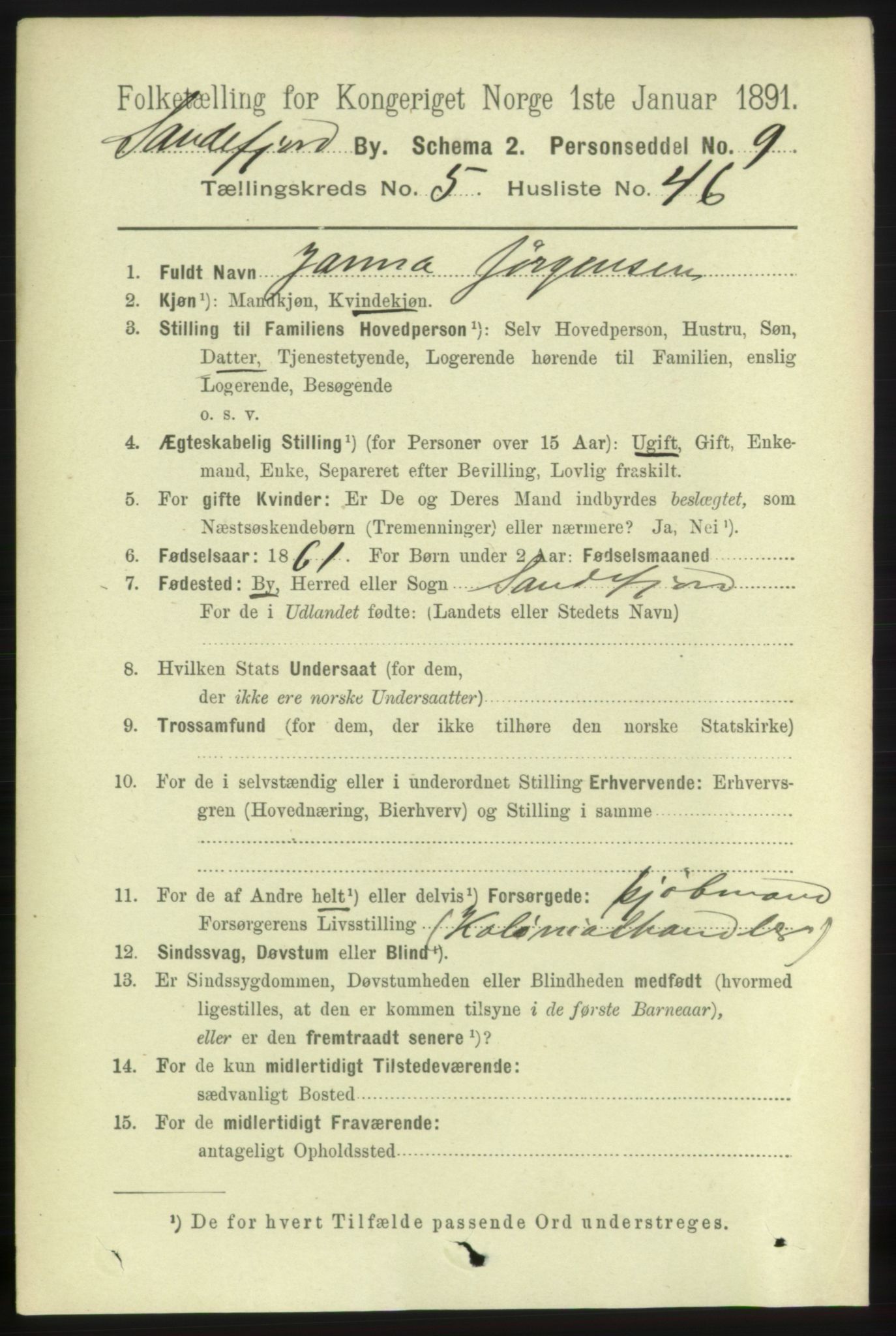 RA, 1891 census for 0706 Sandefjord, 1891, p. 2309