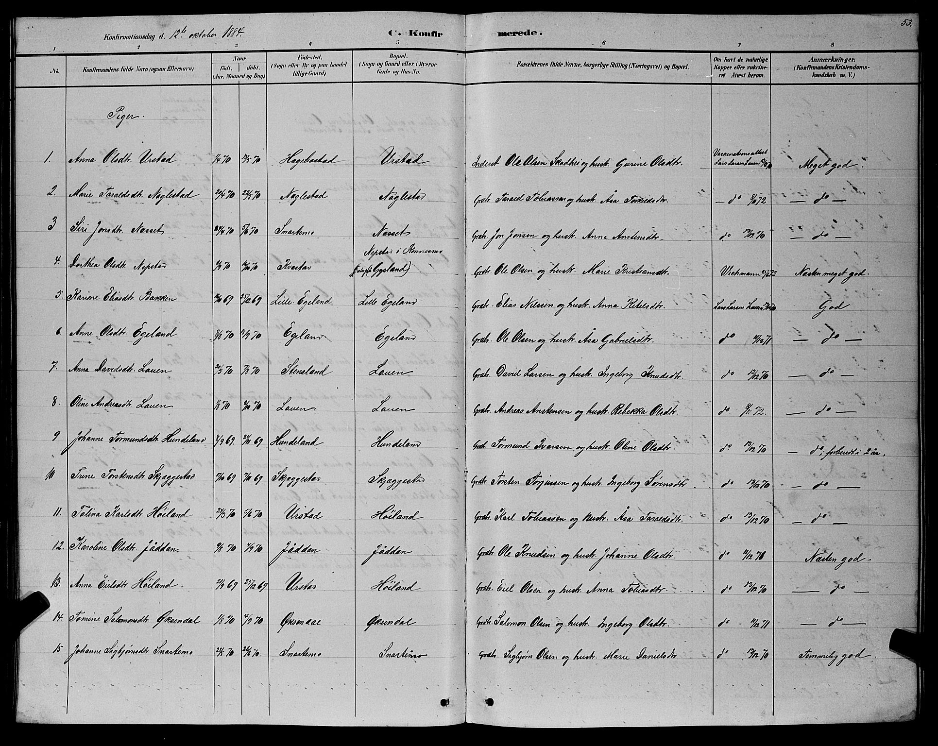 Hægebostad sokneprestkontor, AV/SAK-1111-0024/F/Fb/Fba/L0003: Parish register (copy) no. B 3, 1883-1896, p. 53