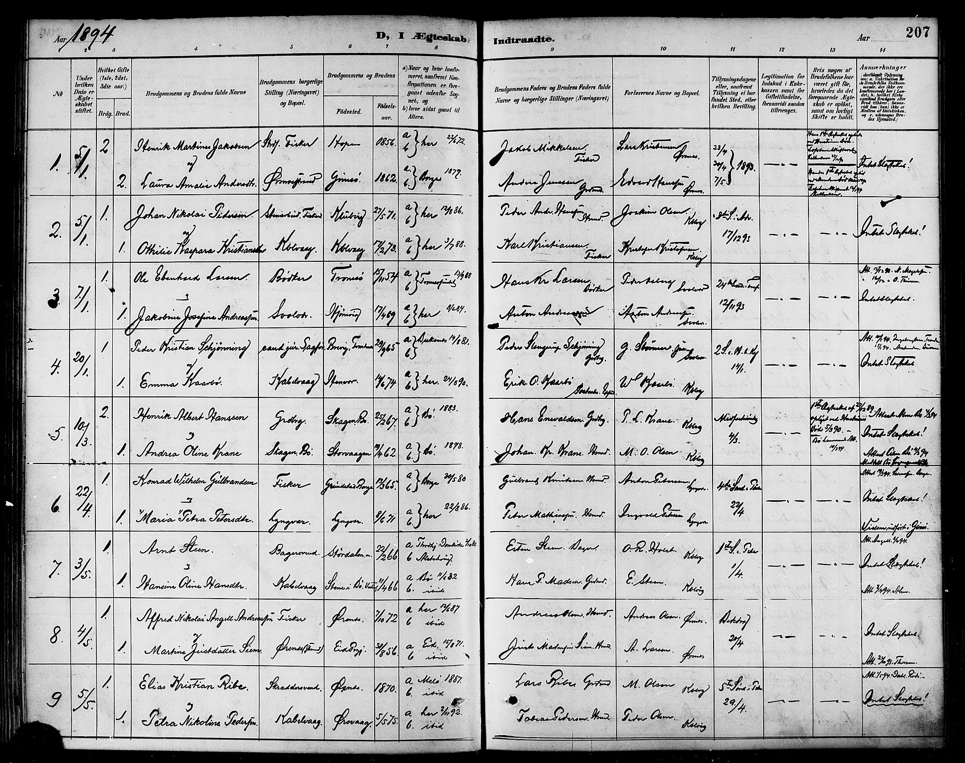 Ministerialprotokoller, klokkerbøker og fødselsregistre - Nordland, SAT/A-1459/874/L1060: Parish register (official) no. 874A04, 1890-1899, p. 207