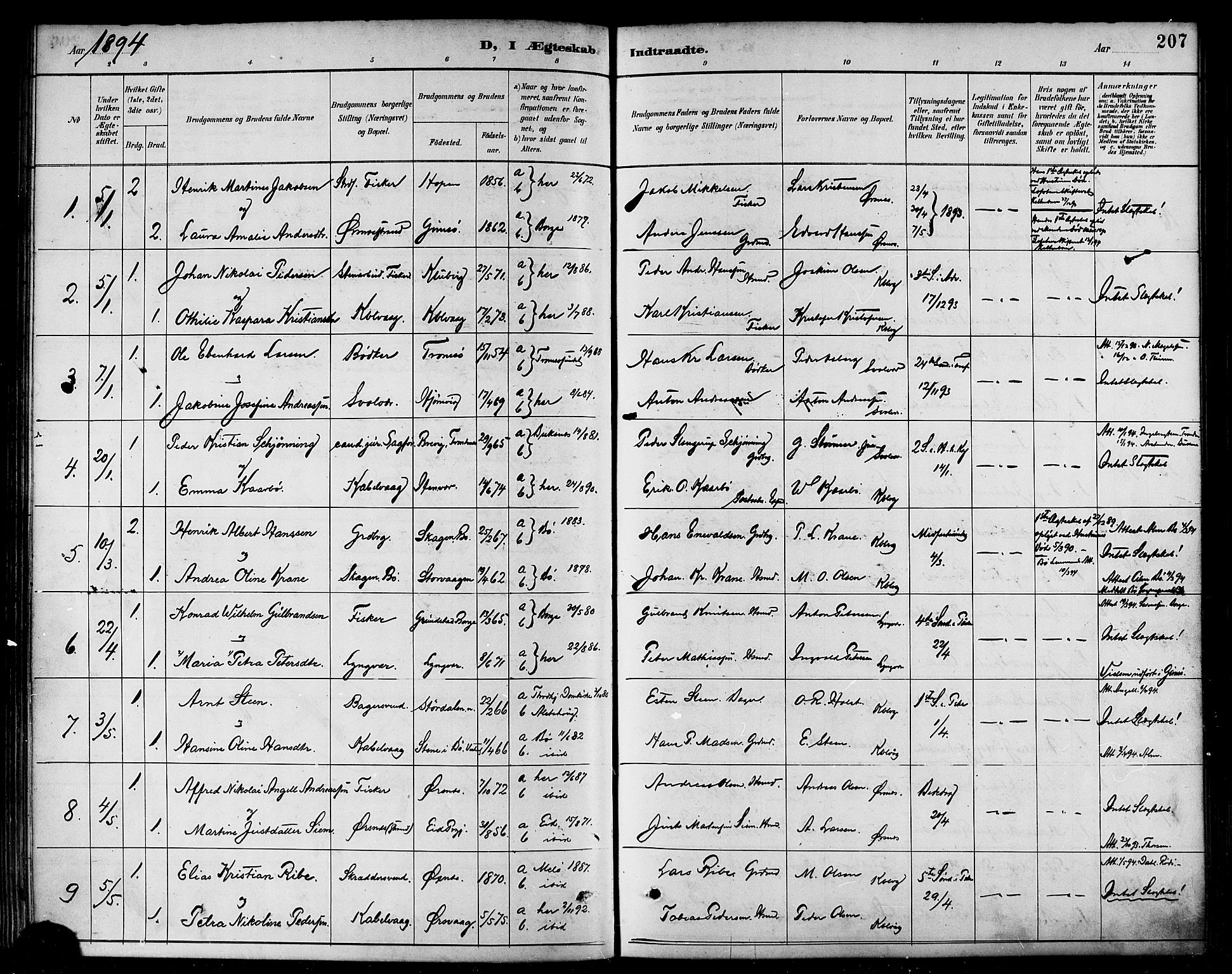 Ministerialprotokoller, klokkerbøker og fødselsregistre - Nordland, AV/SAT-A-1459/874/L1060: Parish register (official) no. 874A04, 1890-1899, p. 207