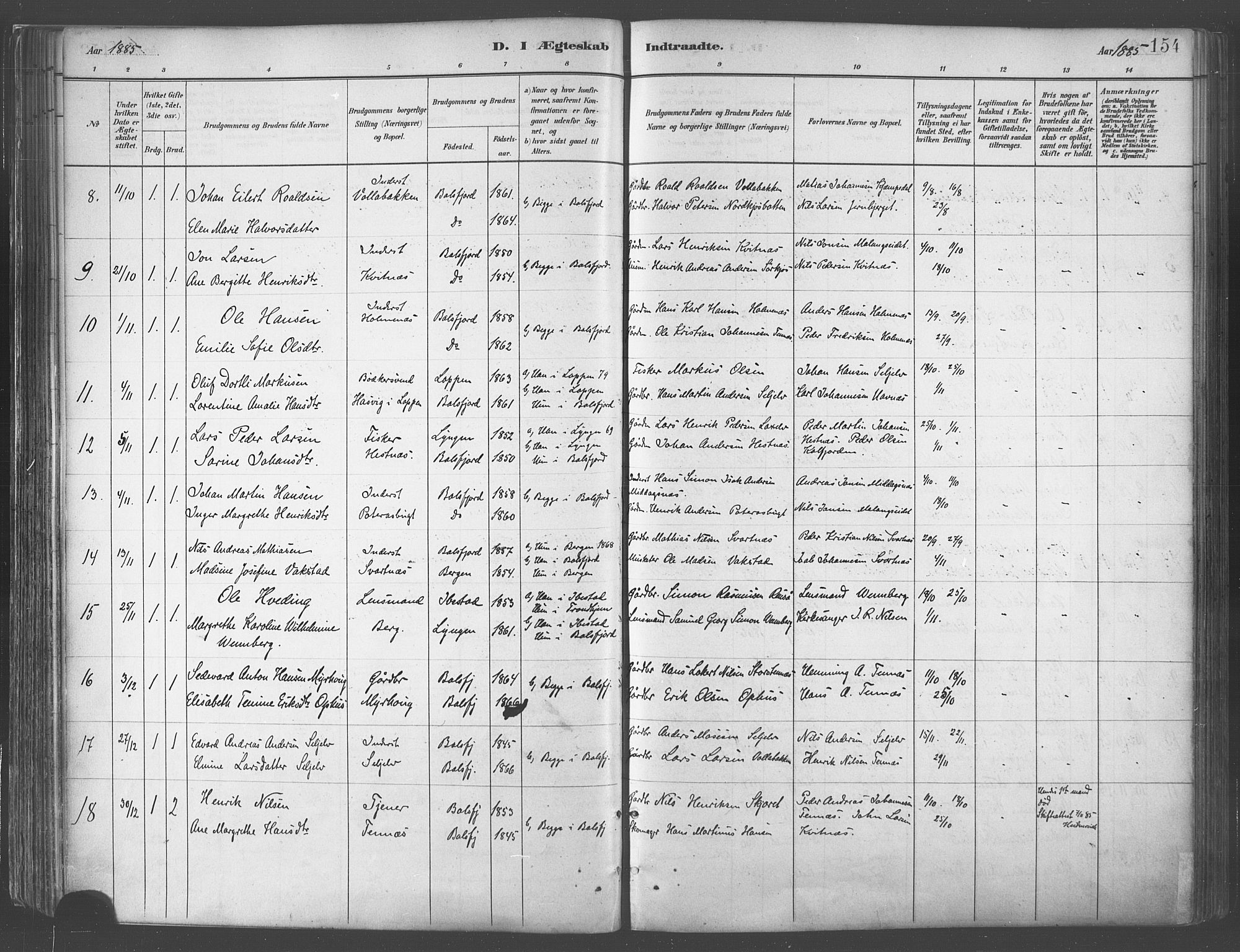 Balsfjord sokneprestembete, AV/SATØ-S-1303/G/Gaa/L0005kirke: Parish register (official) no. 5, 1884-1897, p. 154