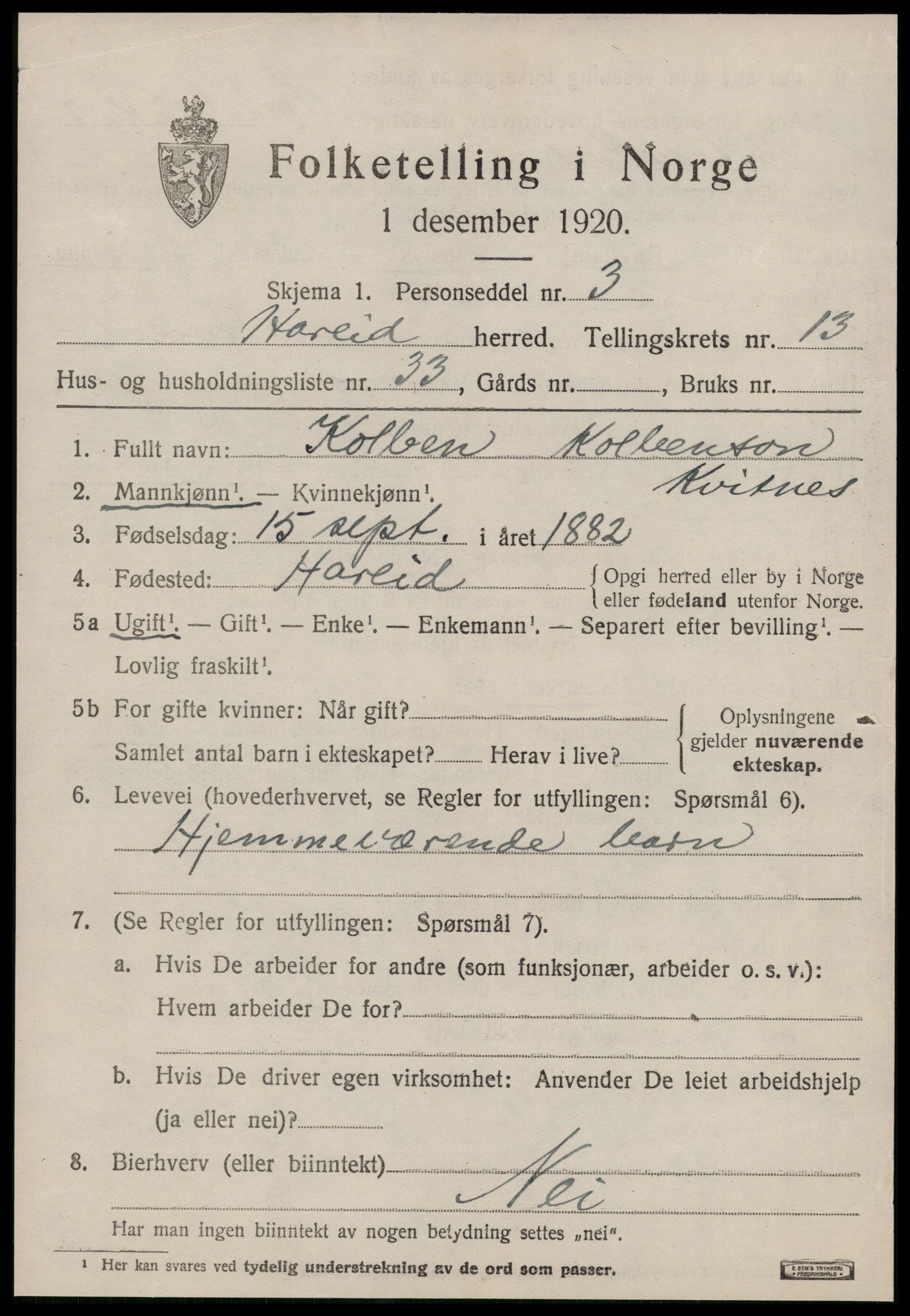 SAT, 1920 census for Hareid, 1920, p. 5439