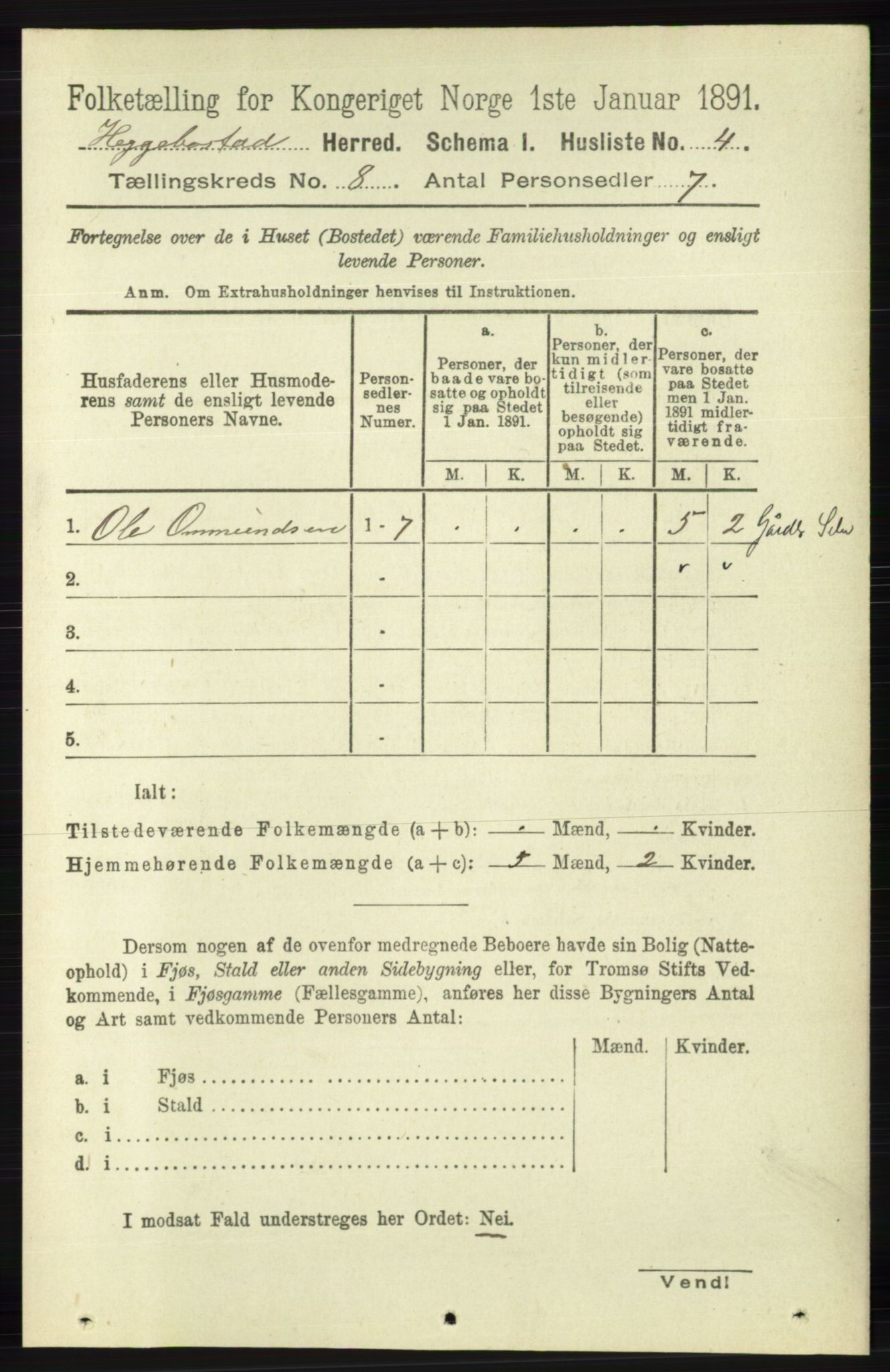 RA, 1891 census for 1034 Hægebostad, 1891, p. 2423