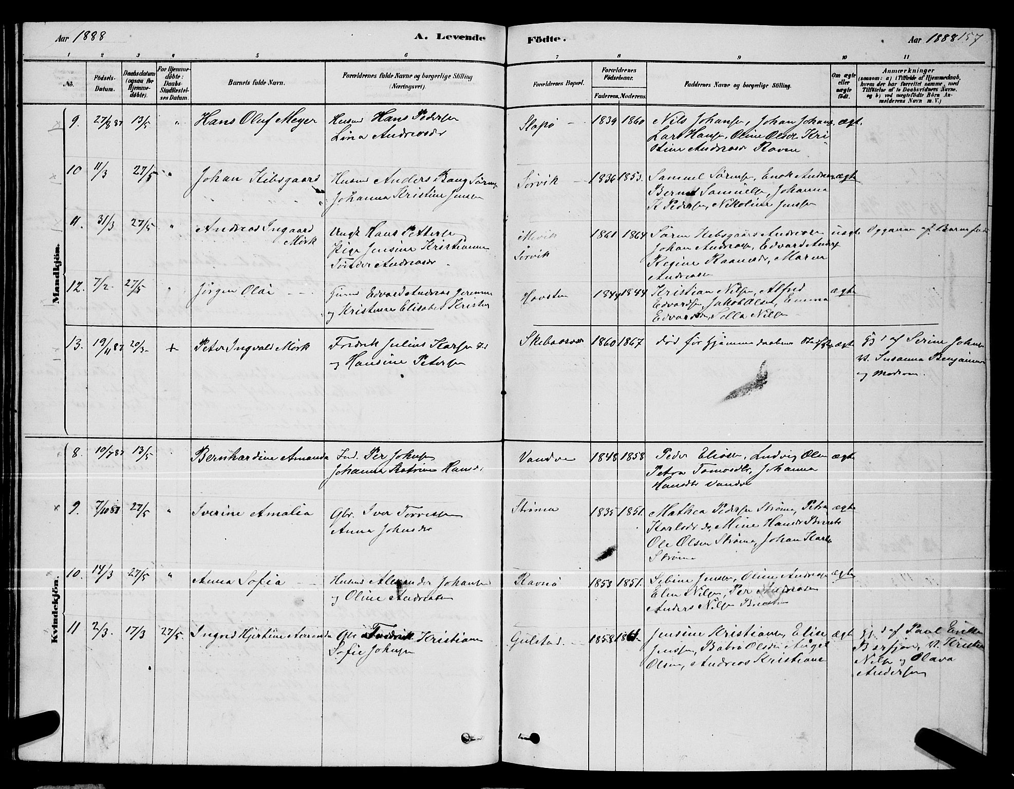 Ministerialprotokoller, klokkerbøker og fødselsregistre - Nordland, AV/SAT-A-1459/834/L0513: Parish register (copy) no. 834C04, 1877-1892, p. 157