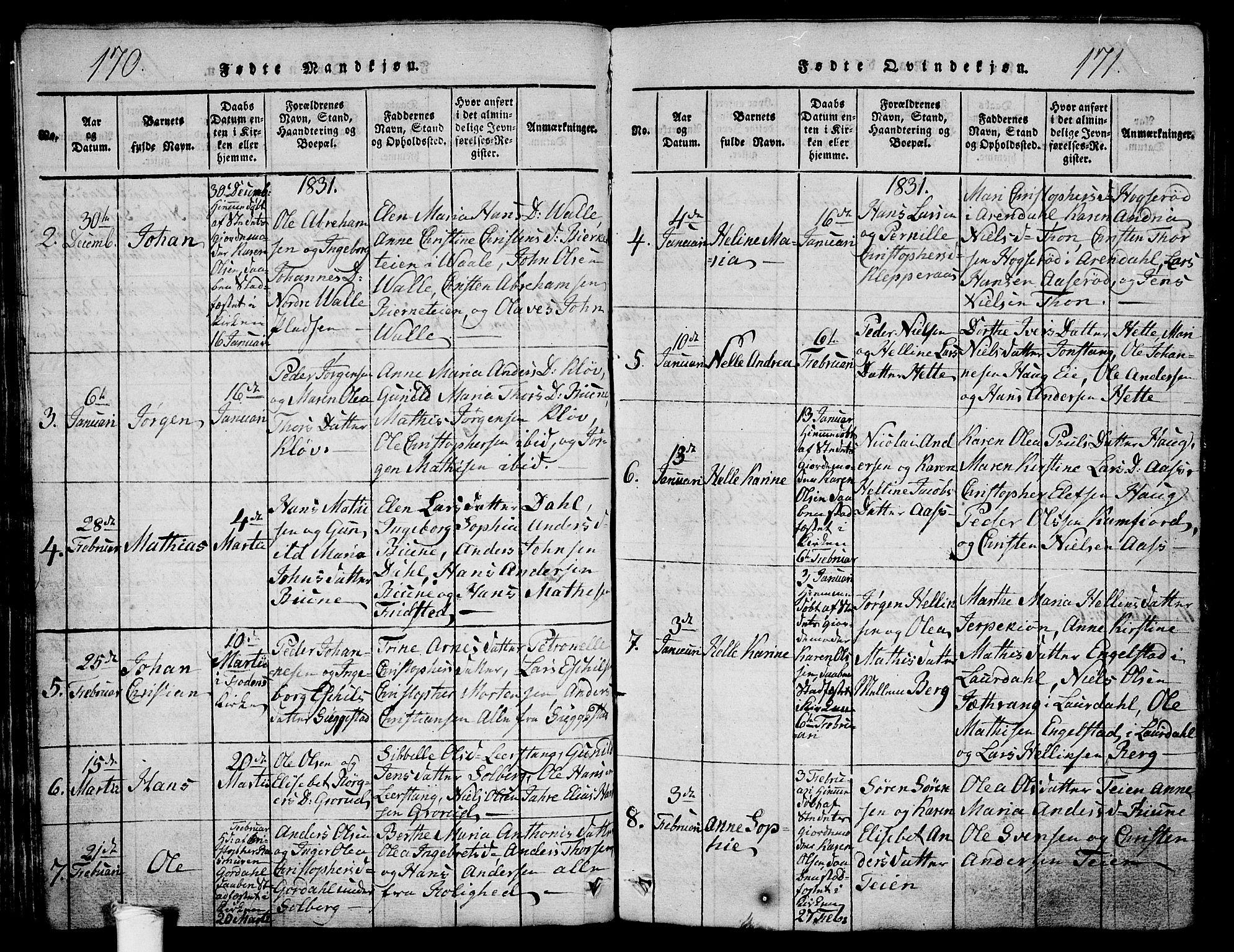 Ramnes kirkebøker, AV/SAKO-A-314/G/Ga/L0001: Parish register (copy) no. I 1, 1813-1847, p. 170-171