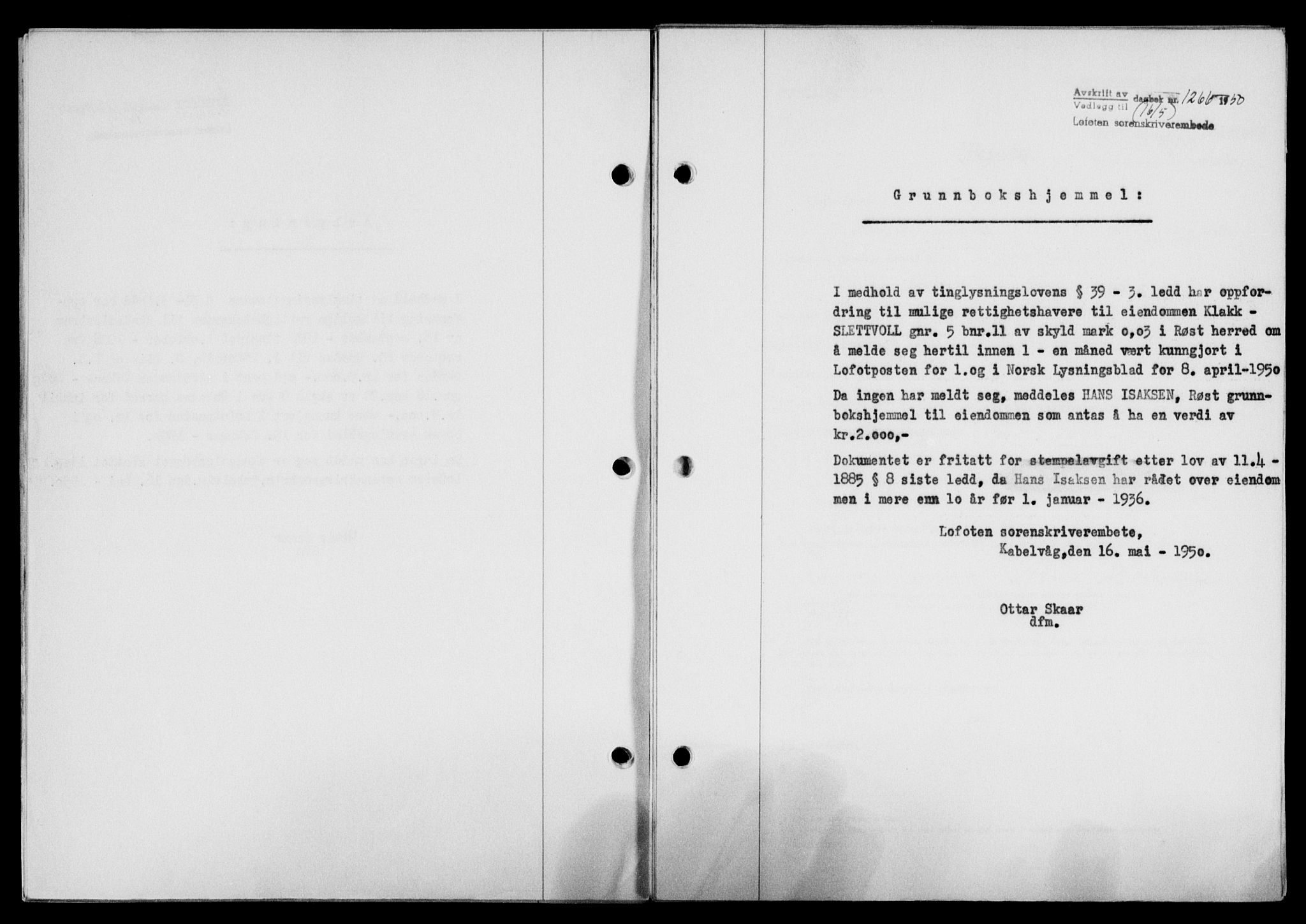 Lofoten sorenskriveri, SAT/A-0017/1/2/2C/L0023a: Mortgage book no. 23a, 1950-1950, Diary no: : 1266/1950