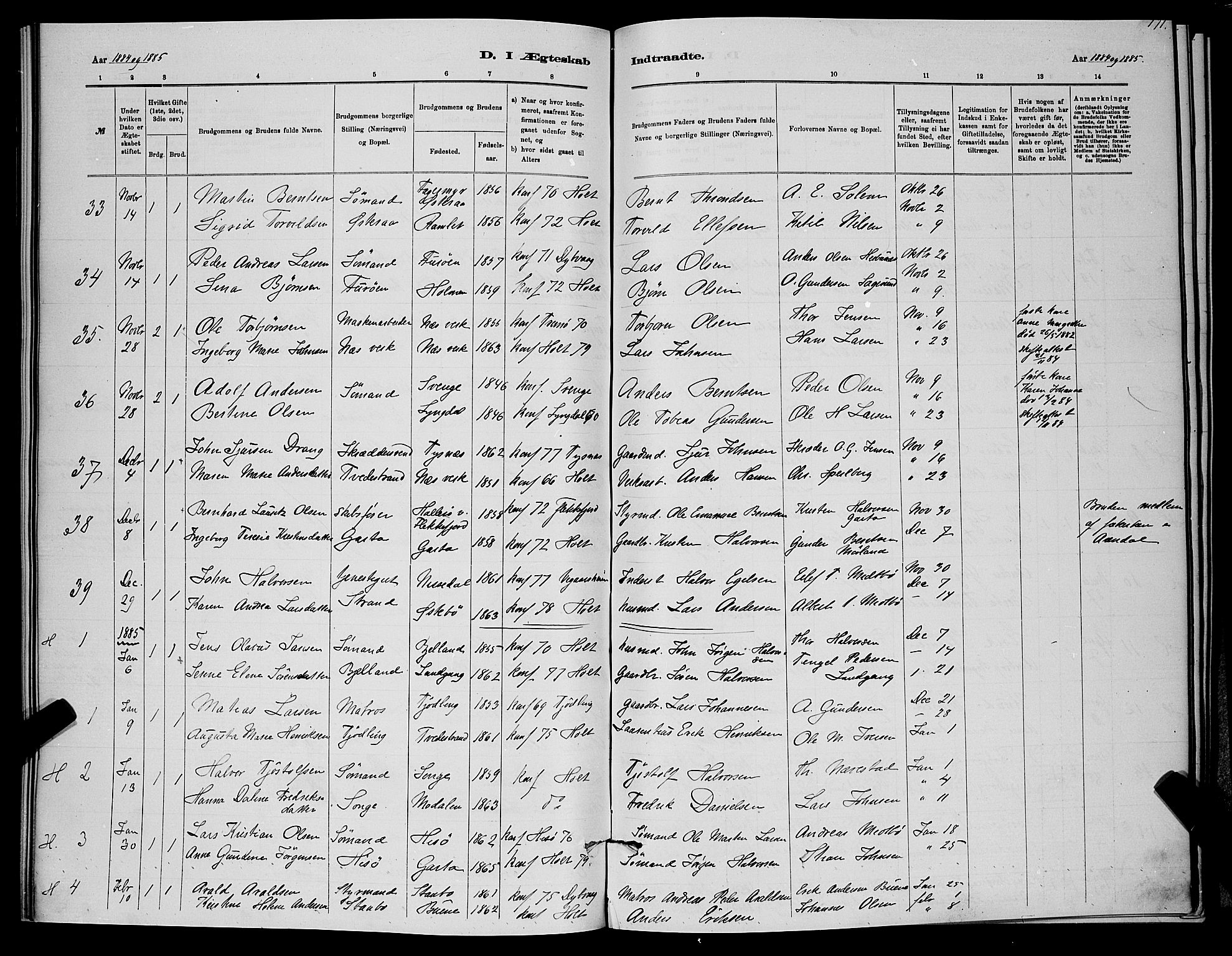 Holt sokneprestkontor, SAK/1111-0021/F/Fb/L0010: Parish register (copy) no. B 10, 1883-1896, p. 171