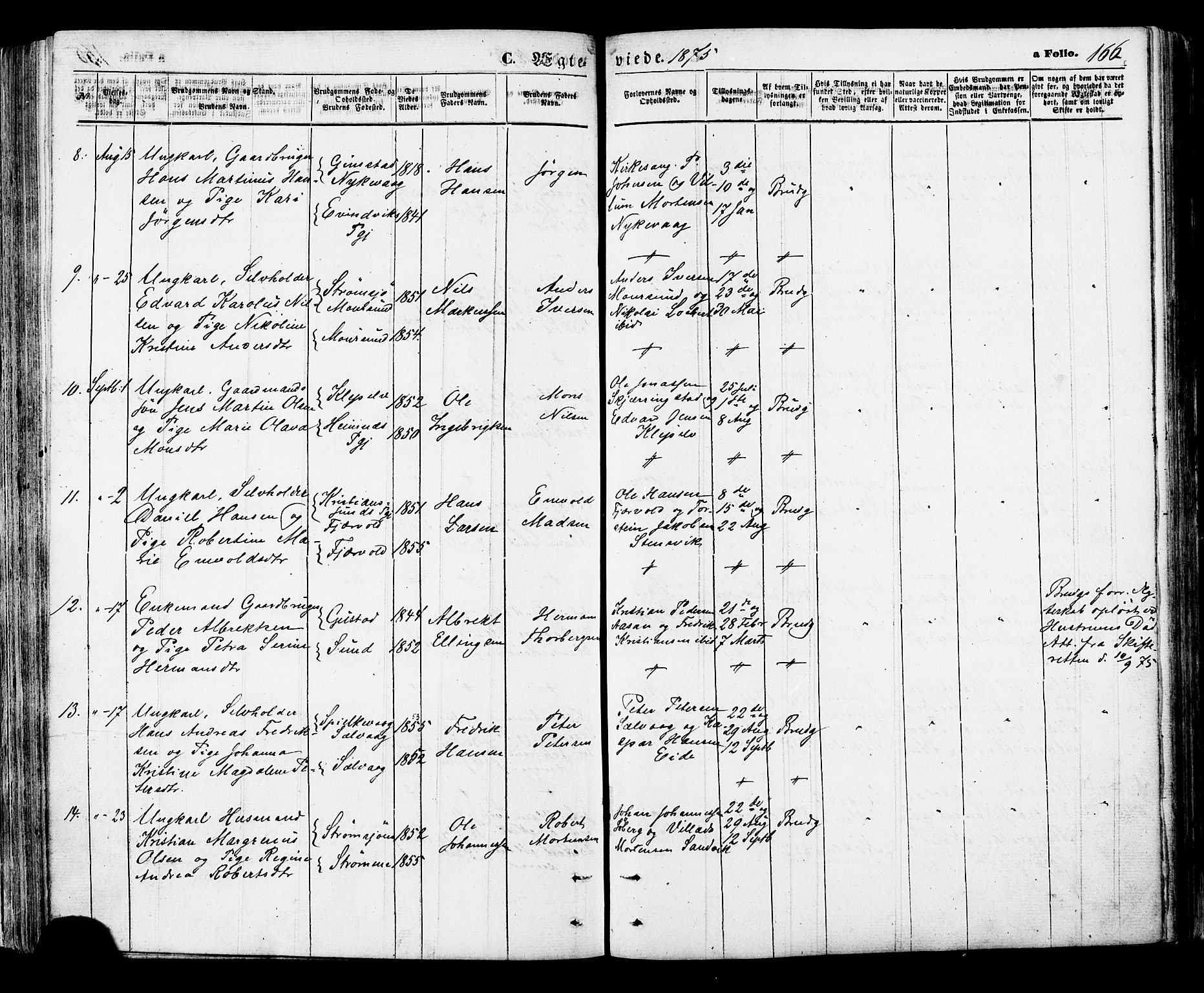Ministerialprotokoller, klokkerbøker og fødselsregistre - Nordland, SAT/A-1459/891/L1301: Parish register (official) no. 891A06, 1870-1878, p. 166