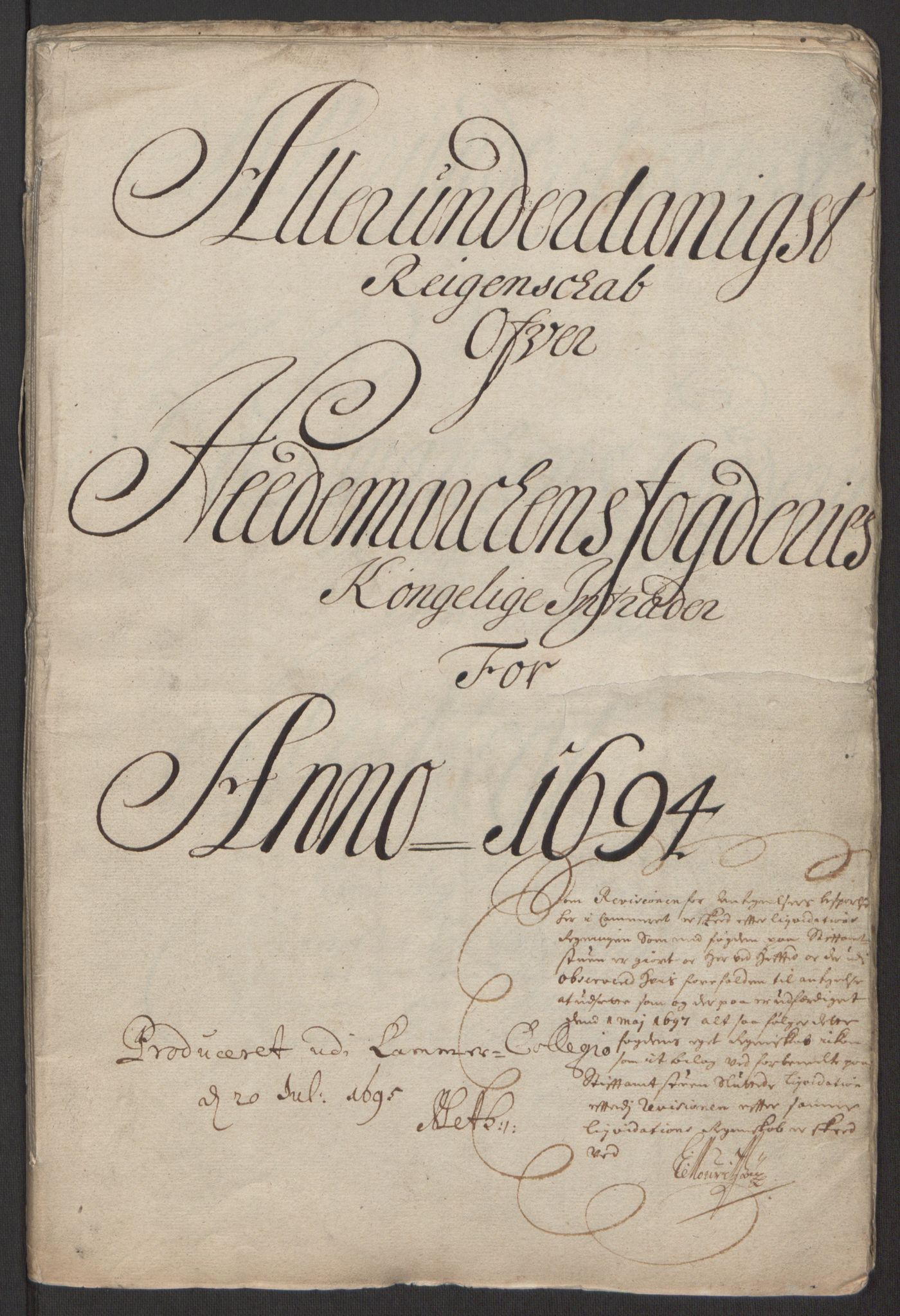 Rentekammeret inntil 1814, Reviderte regnskaper, Fogderegnskap, RA/EA-4092/R16/L1035: Fogderegnskap Hedmark, 1694, p. 3