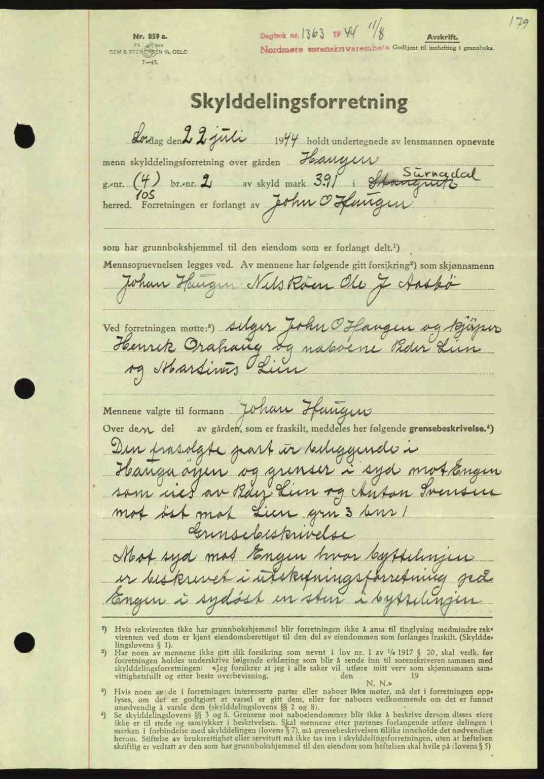 Nordmøre sorenskriveri, AV/SAT-A-4132/1/2/2Ca: Mortgage book no. A98, 1944-1944, Diary no: : 1363/1944