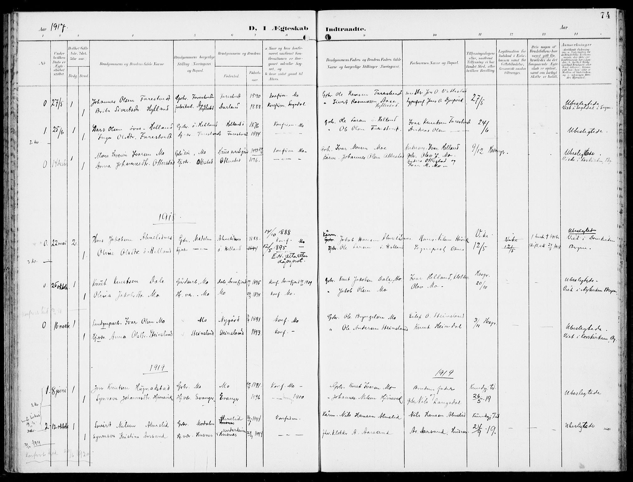 Hosanger sokneprestembete, SAB/A-75801/H/Haa: Parish register (official) no. C  2, 1901-1925, p. 74