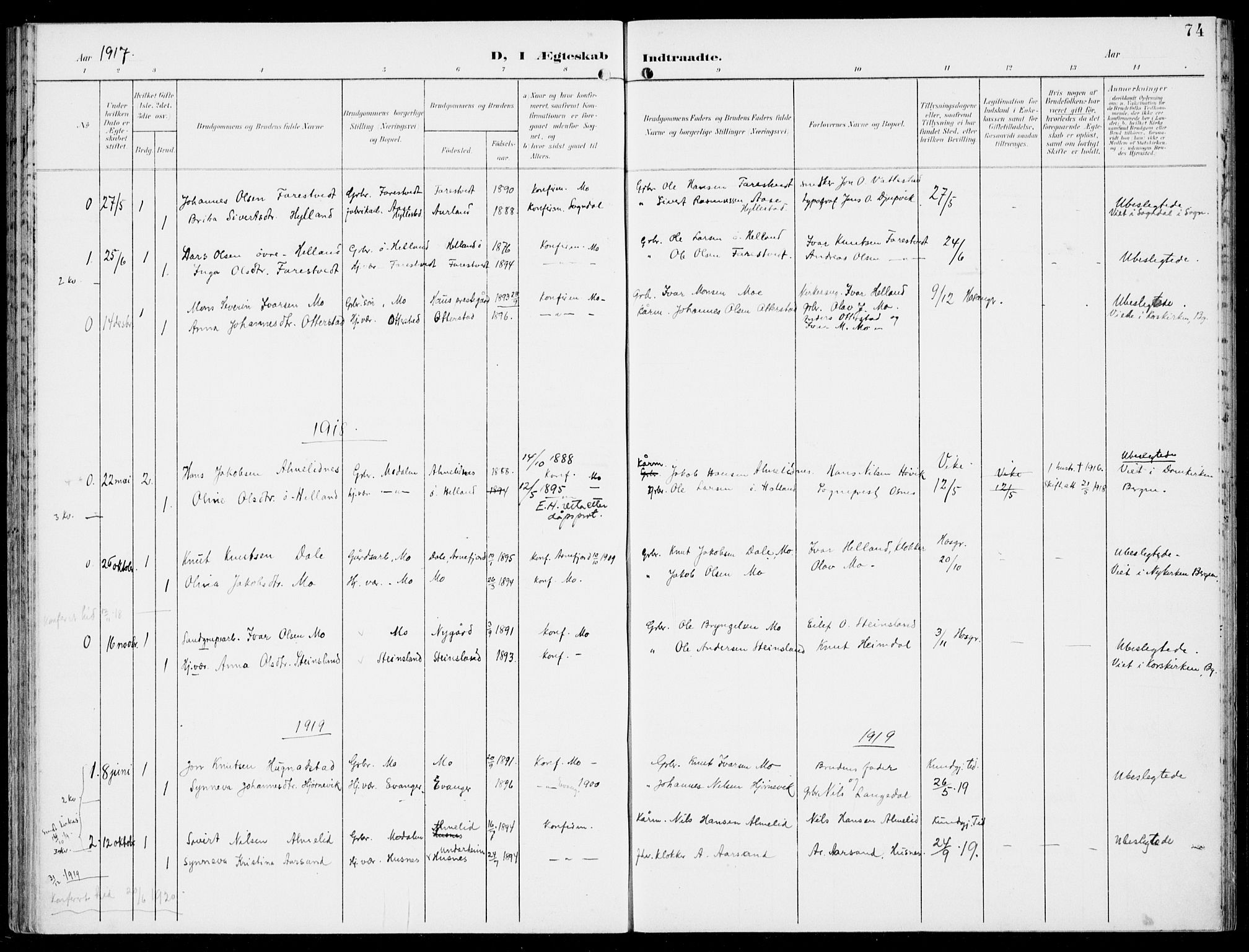Hosanger sokneprestembete, AV/SAB-A-75801/H/Haa: Parish register (official) no. C  2, 1901-1925, p. 74