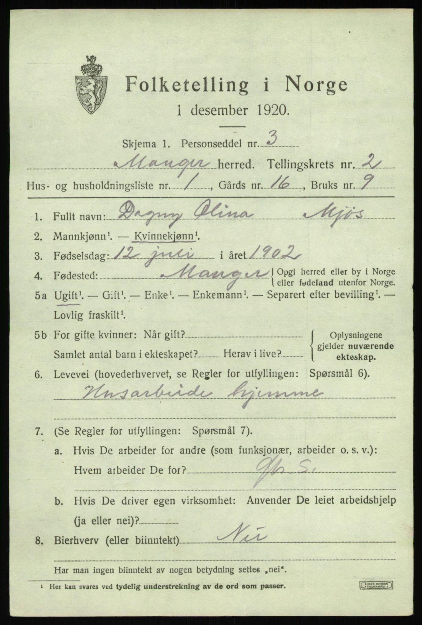 SAB, 1920 census for Manger, 1920, p. 1967